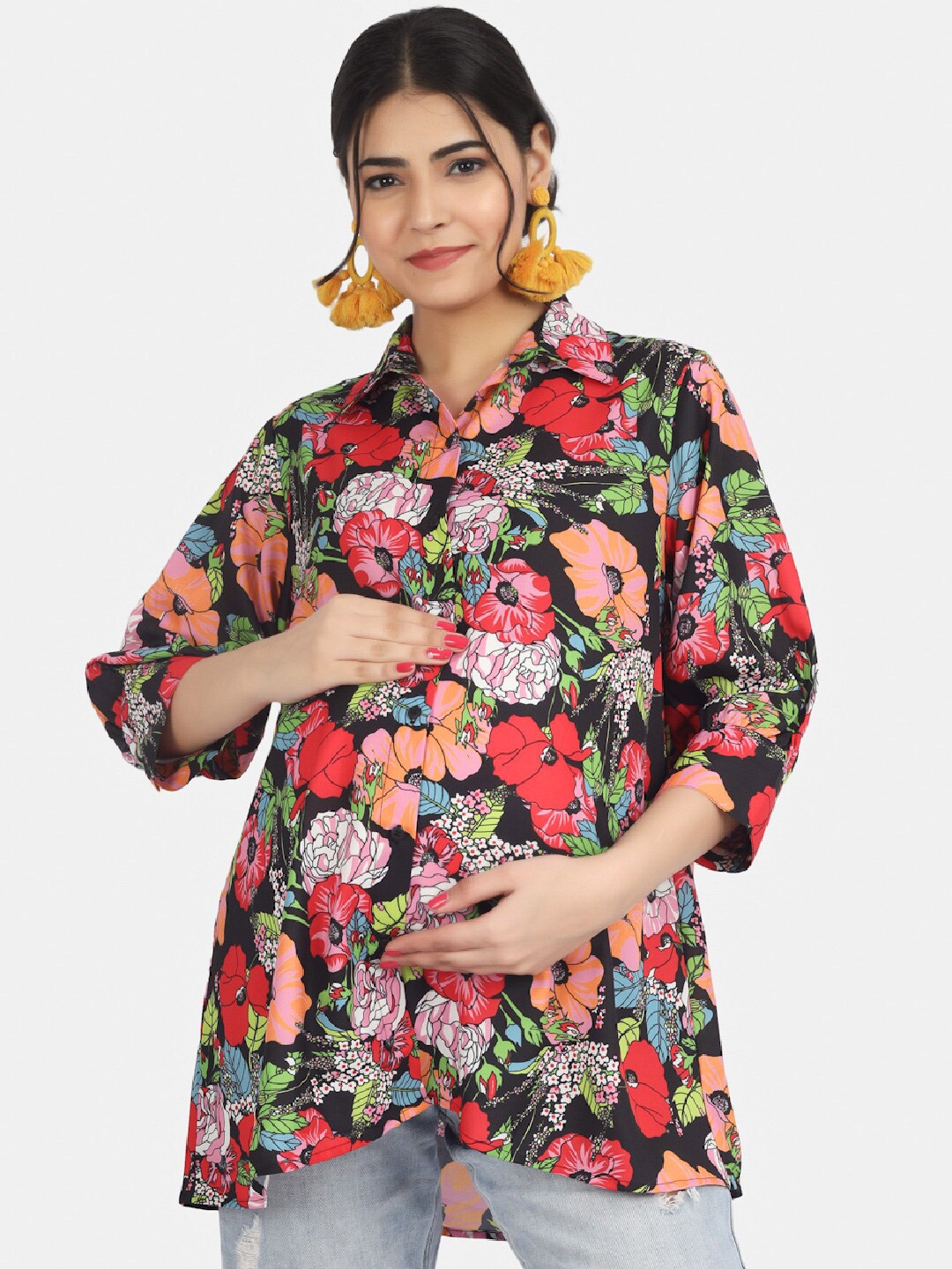 

angloindu Maternity Floral Printed Shirt Style Top, Black