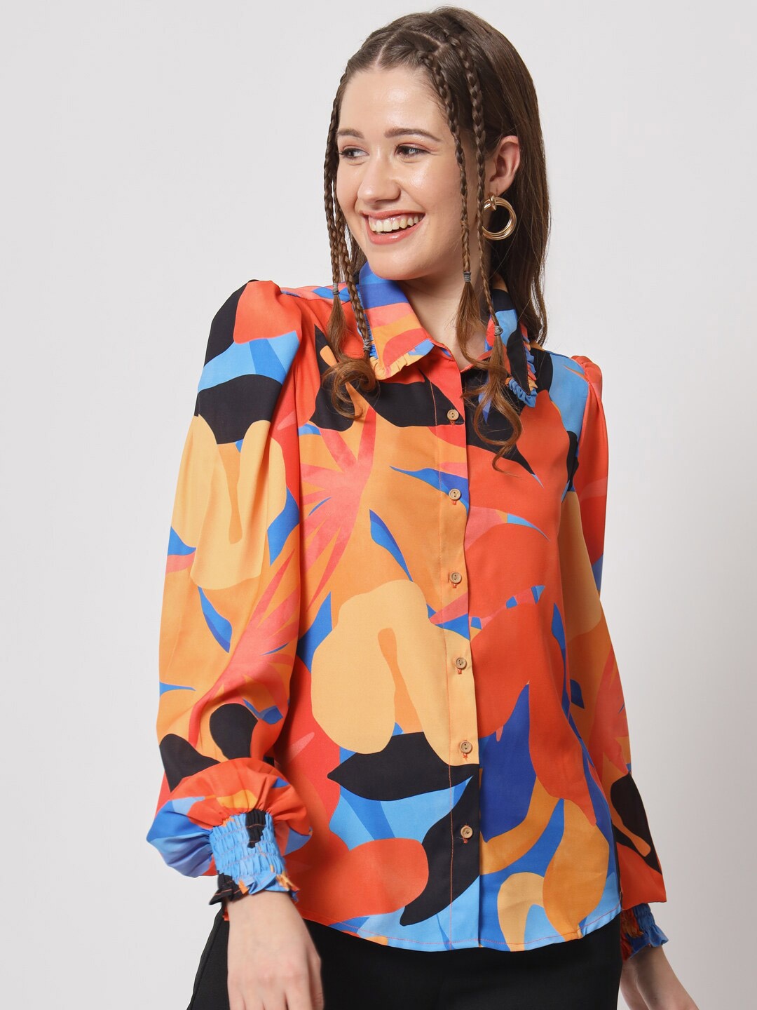 

angloindu Abstract Printed Puff Sleeves Shirt Style Top, Orange