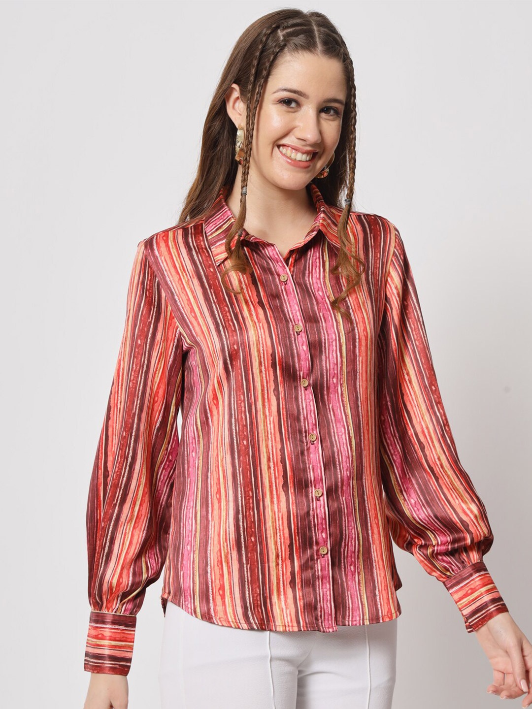 

angloindu Striped Printed Shirt Collar Shirt Style Top, Brown