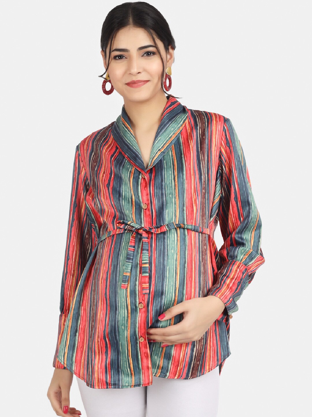 

angloindu Vertical Striped Shawl Collar Maternity Shirt Style Top, Red