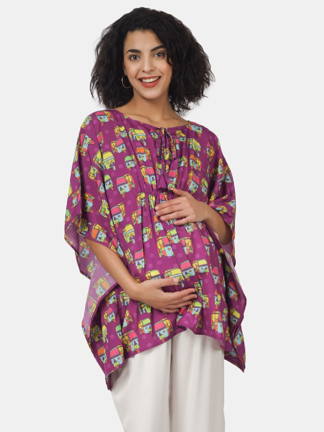 

angloindu Conversational Printed Tie-Up Neck Kimono Sleeves Kaftan Longline Maternity Top, Purple