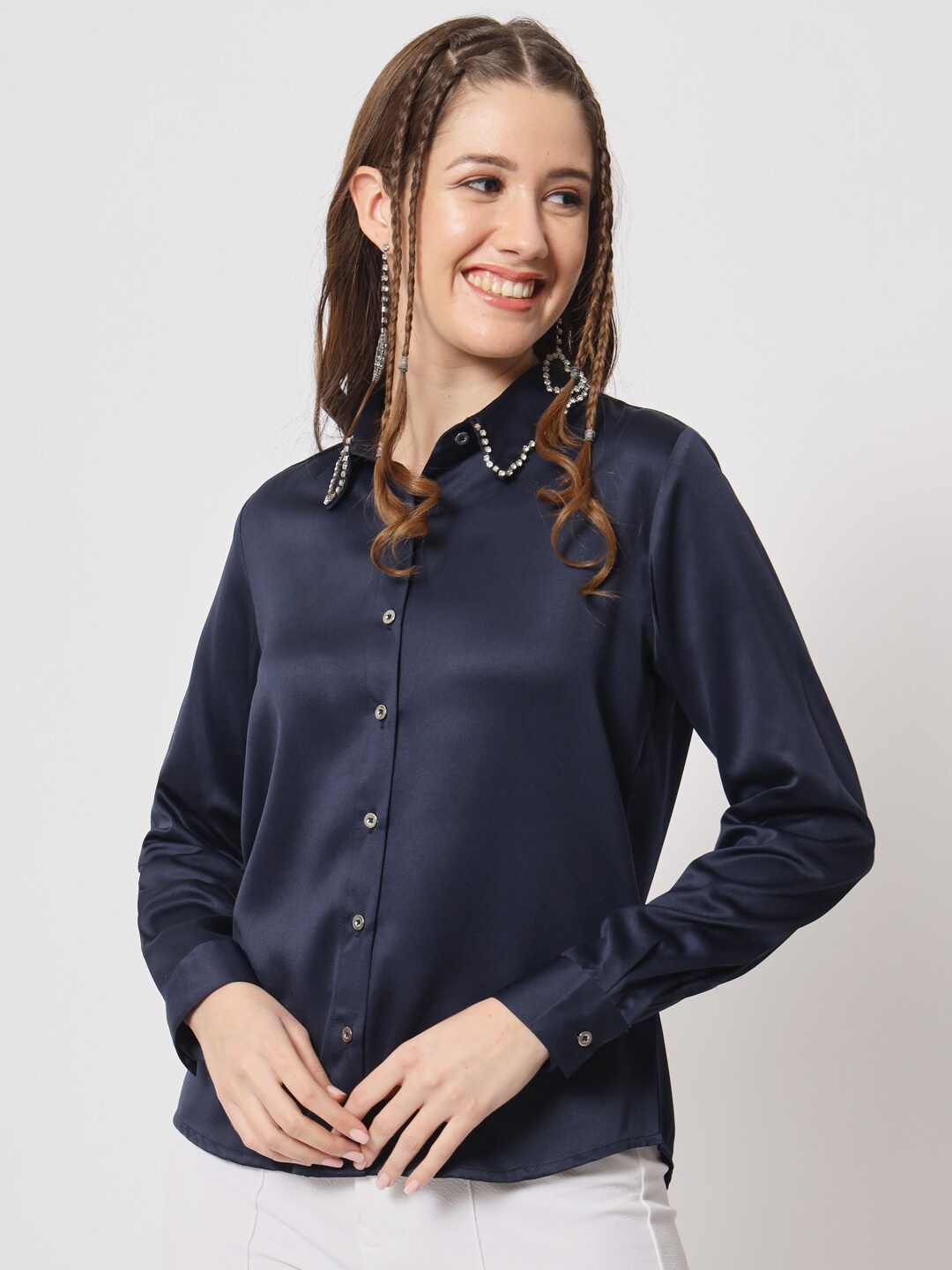 

angloindu Spread Collar Opaque Casual Shirt, Navy blue