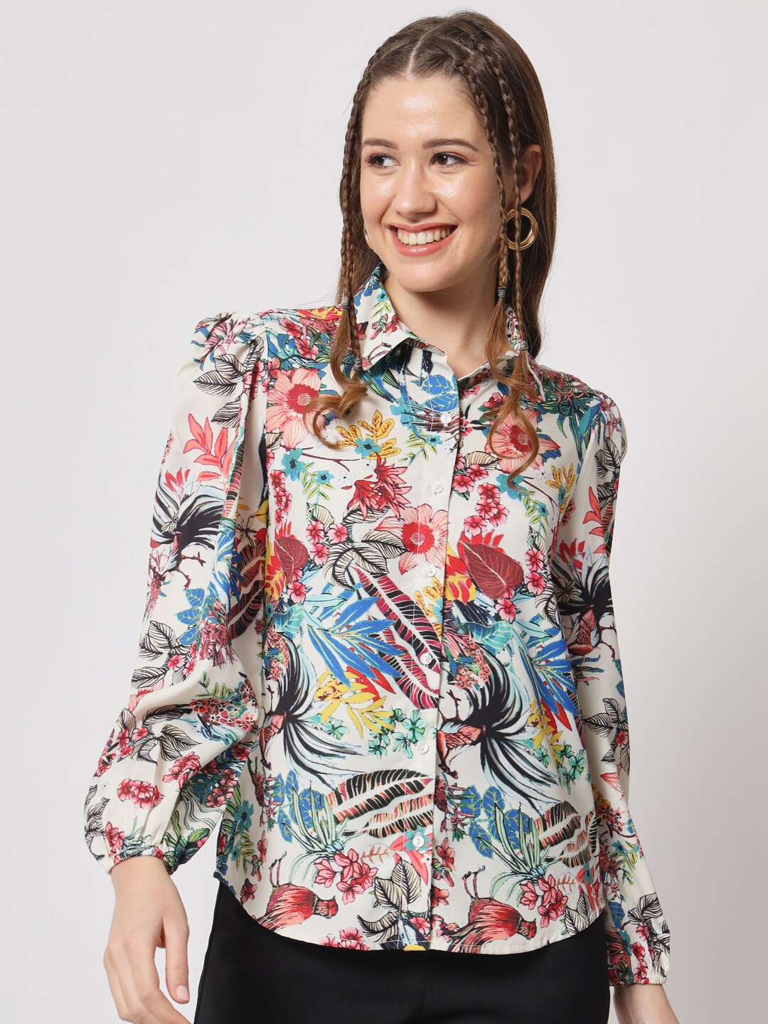 

angloindu Floral Printed Puff Sleeves Casual Shirt, White