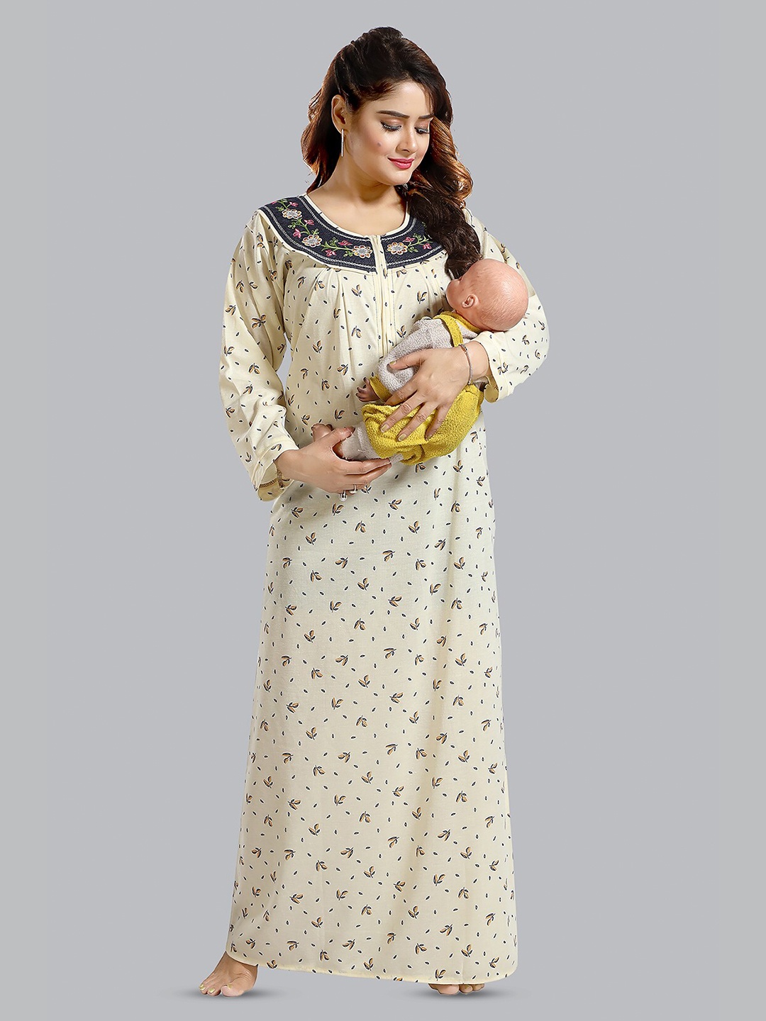 

FOMTI Floral Printed Maxi Pure Cotton Maternity Nightdress, Yellow