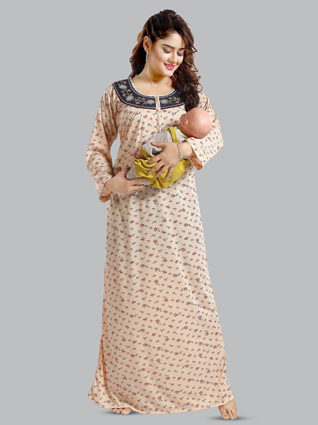 

FOMTI Floral Printed Maxi Pure Cotton Maternity Nightdress, Beige