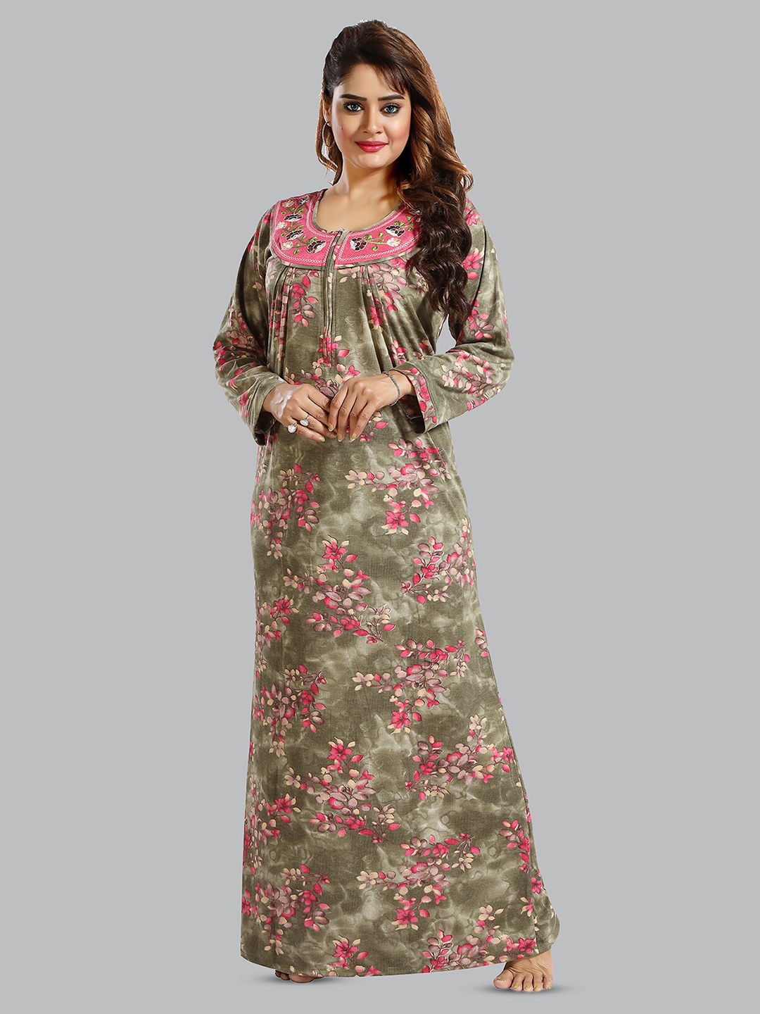 

FOMTI Floral Printed Pure Cotton Maxi Maternity Nightdress, Brown