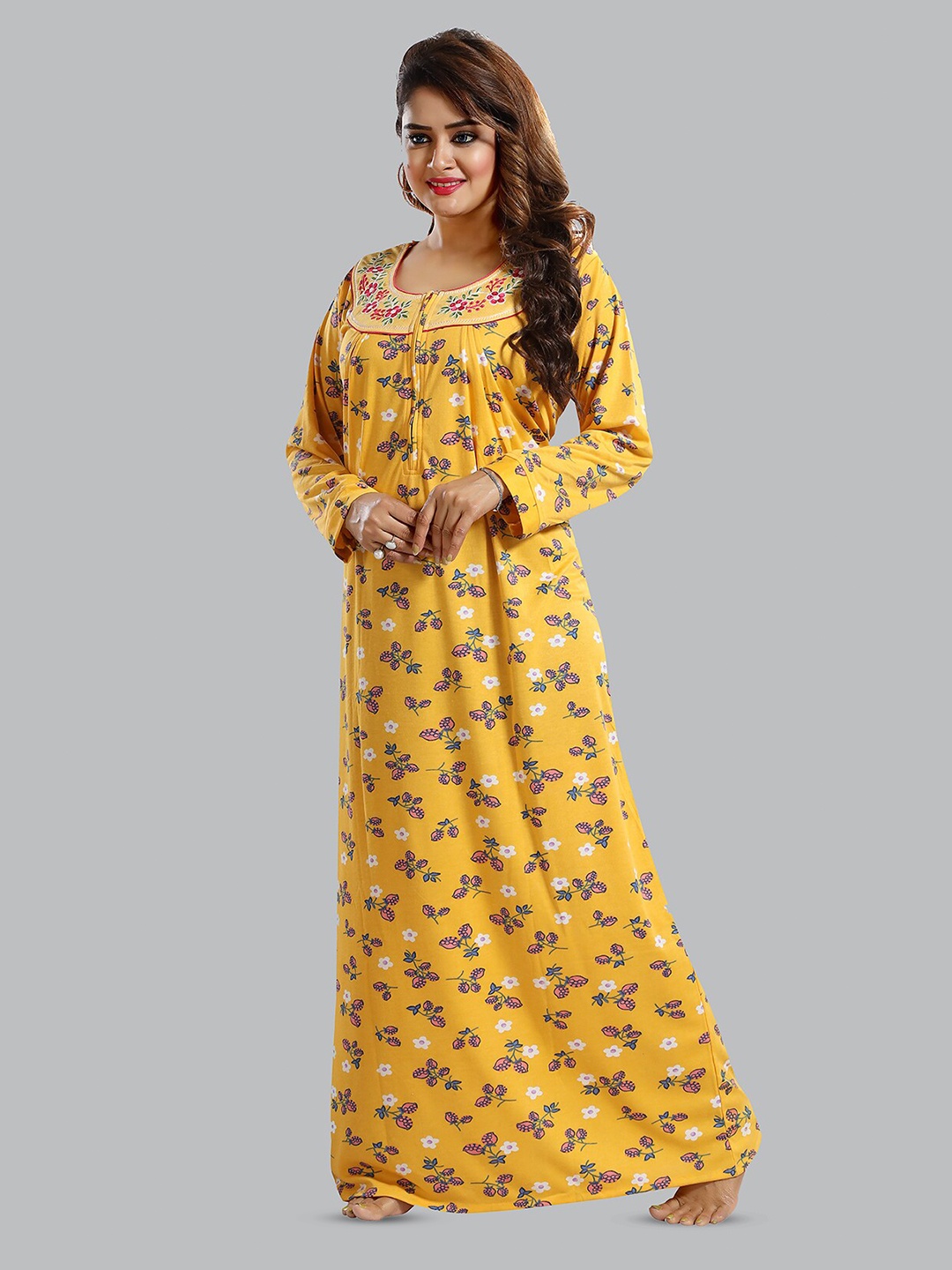 

FOMTI Floral Printed Pure Cotton Maxi Maternity Nightdress, Yellow