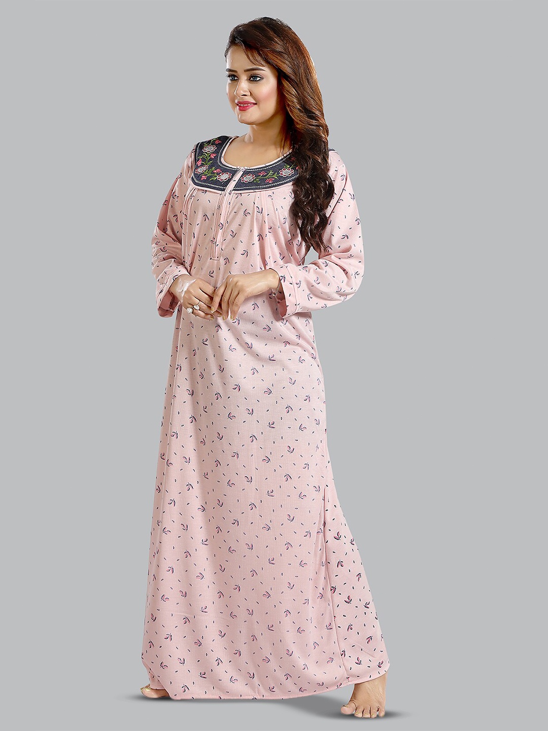 

FOMTI Floral Printed Pure Cotton Maxi Maternity Nightdress, Peach