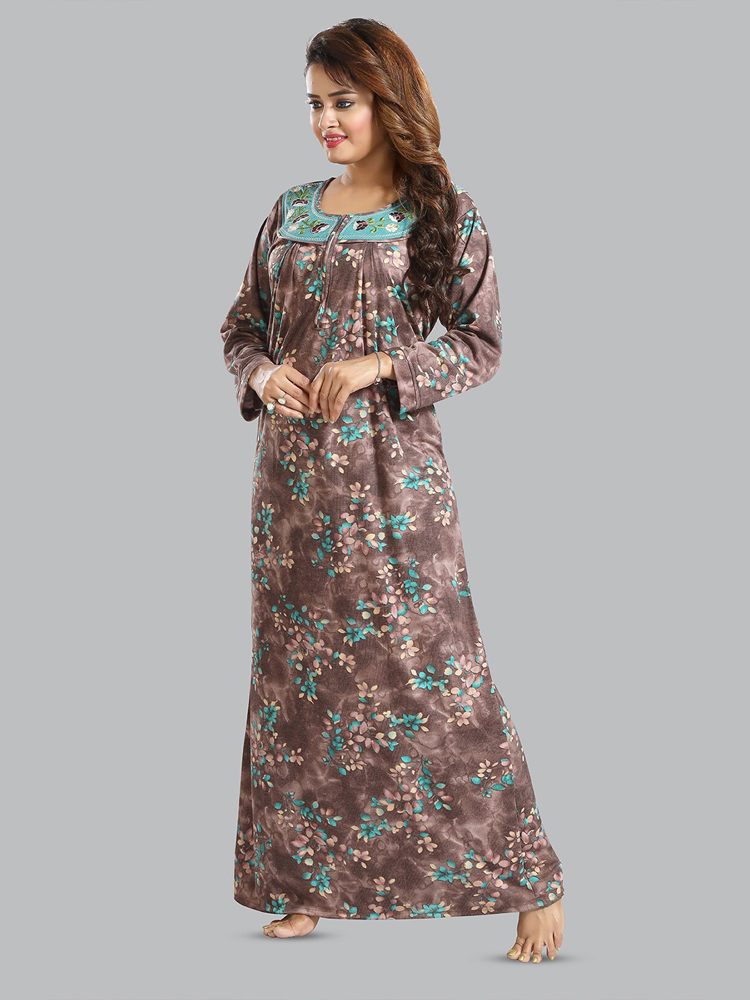 

FOMTI Floral Printed Pure Cotton Maxi Maternity Nightdress, Brown