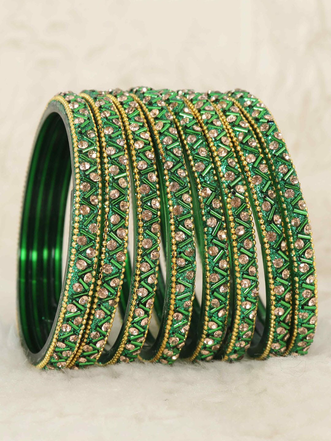 

NMII Set Of 8 Zircon Gemstone-studded & Beaded Bangles, Green