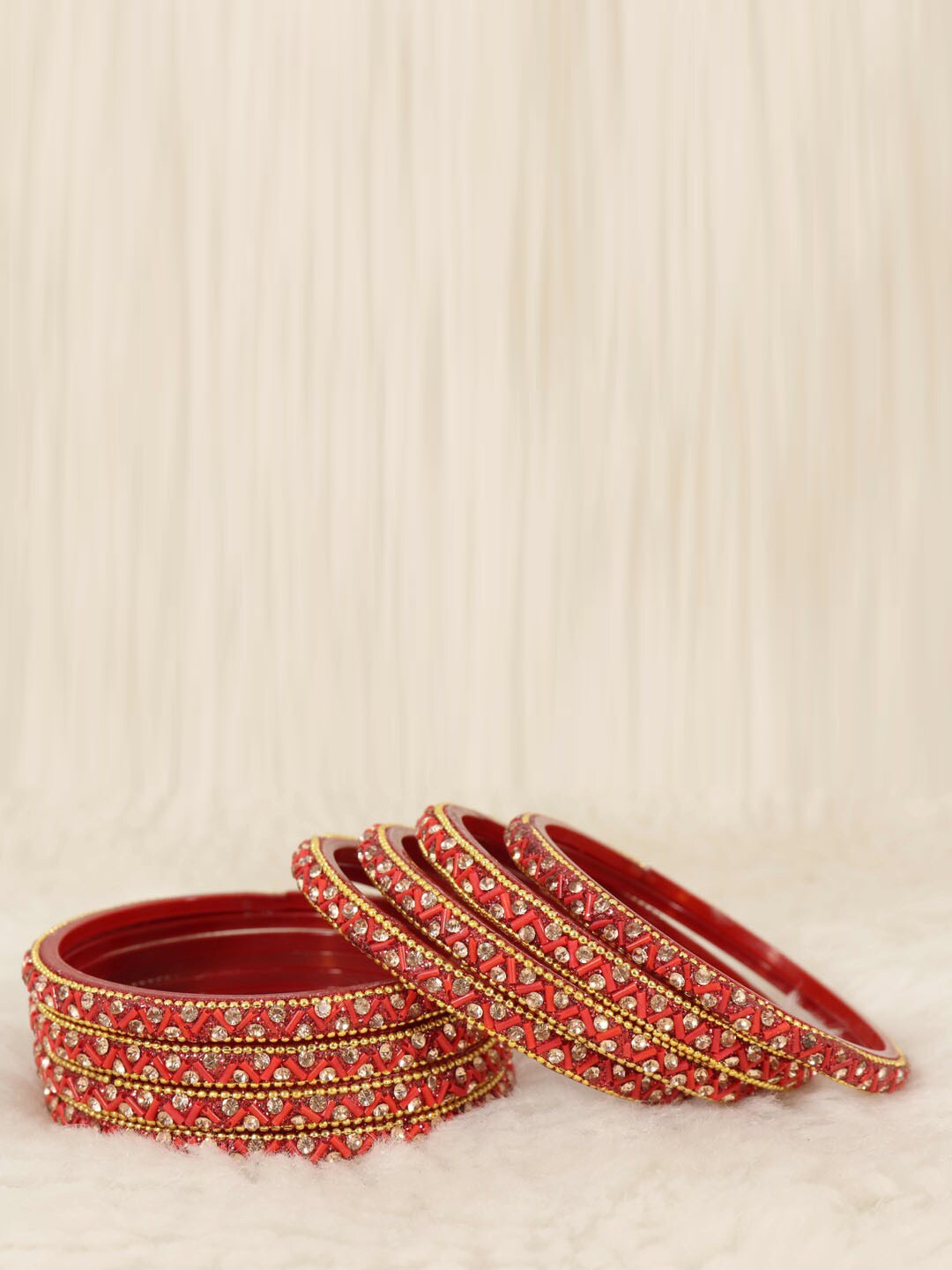 

NMII Set Of 8 Zircon Studded & Beaded Glass Bangles, Red