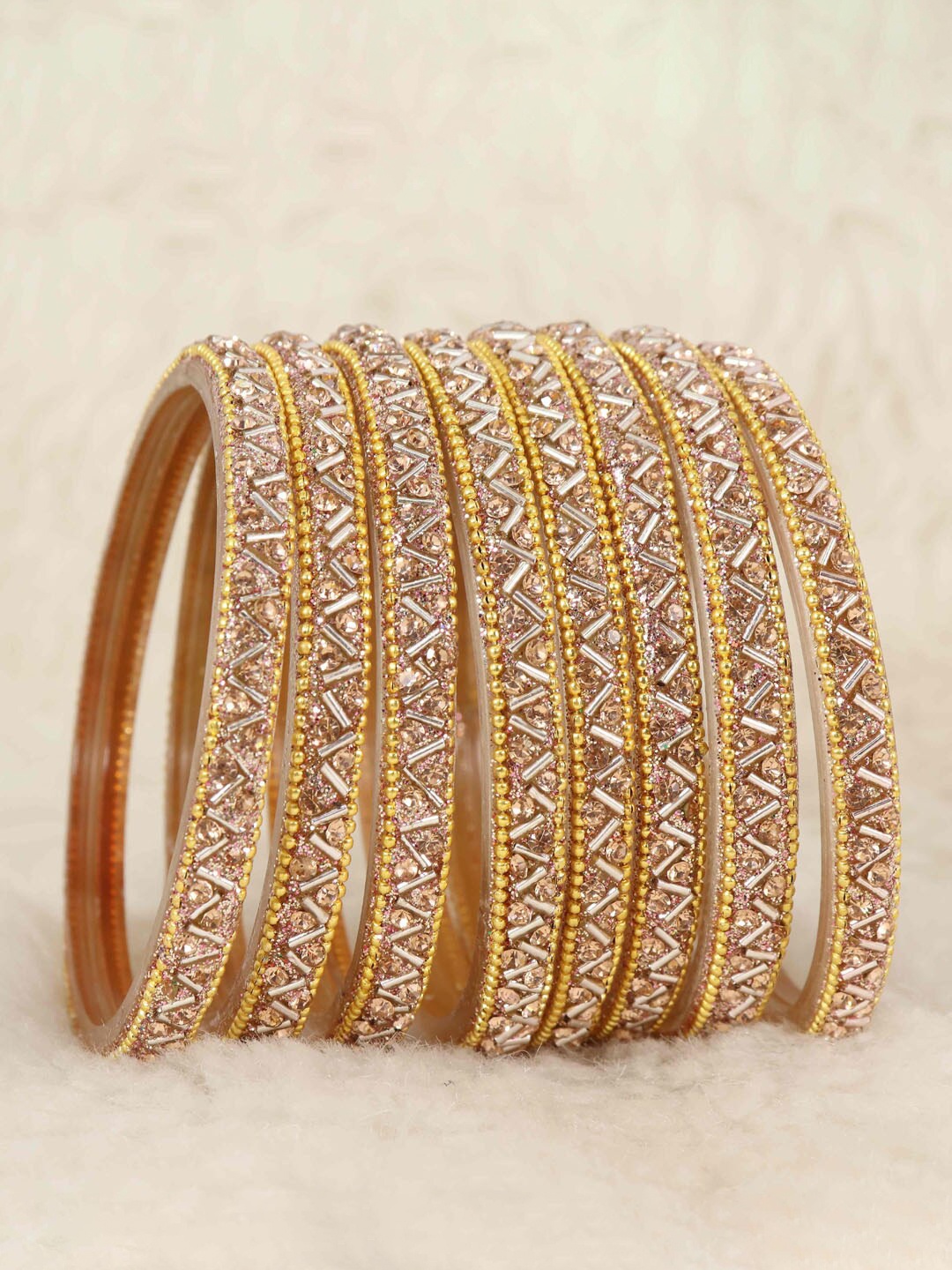 

NMII Set Of 8 Zircon Gemstone-studded & Beaded Bangles, Rose gold