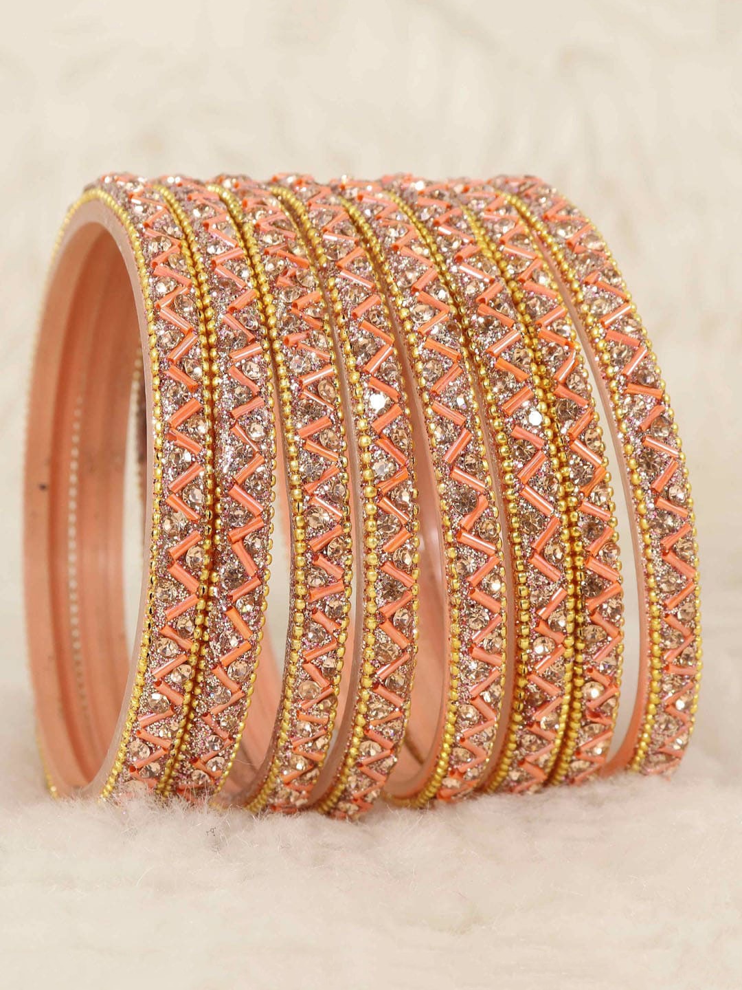 

NMII Set Of 8 Zircon Studded & Beaded Glass Bangles, Peach