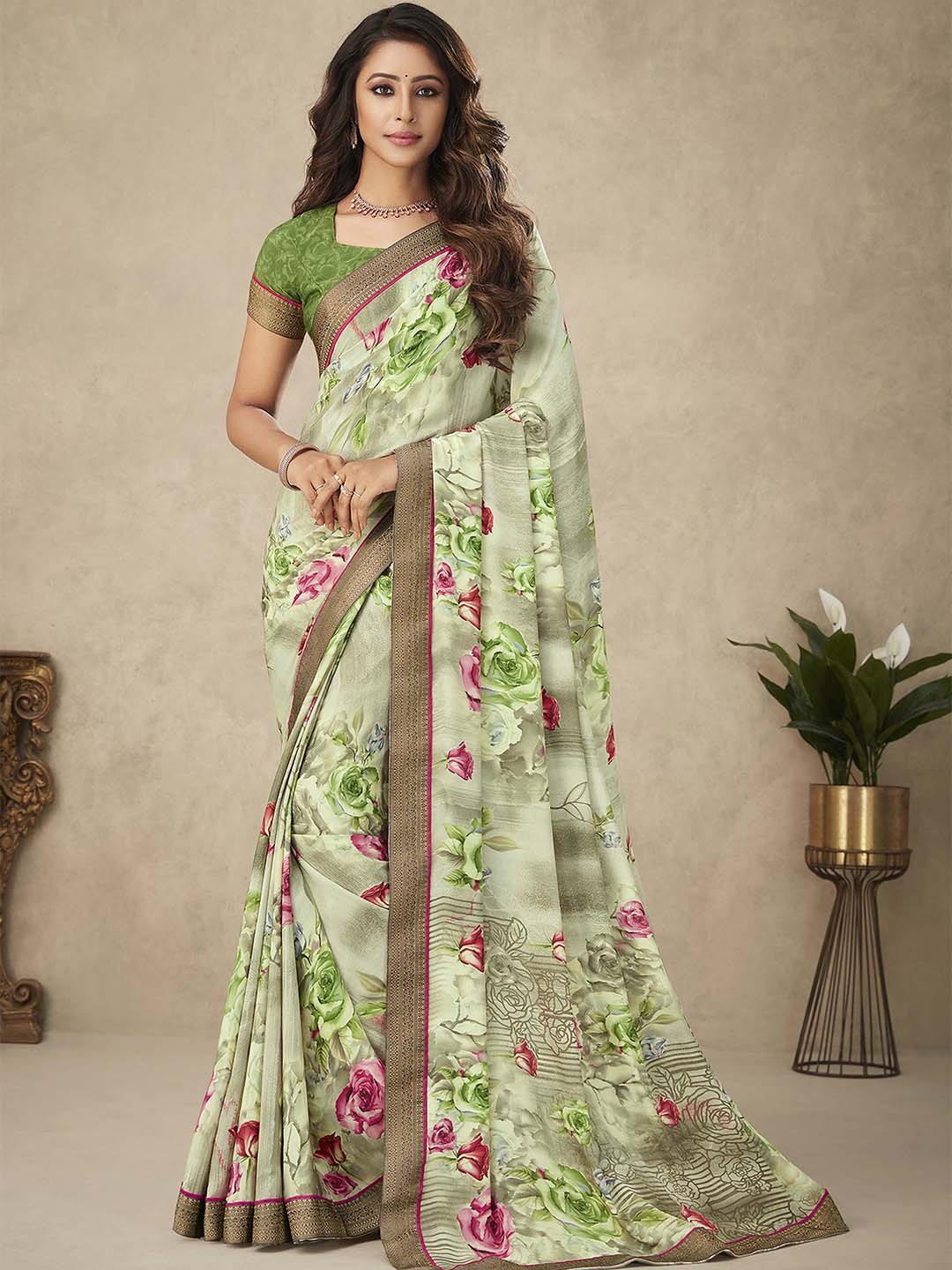 

Mitera Green & Pink Floral Printed Zari Saree