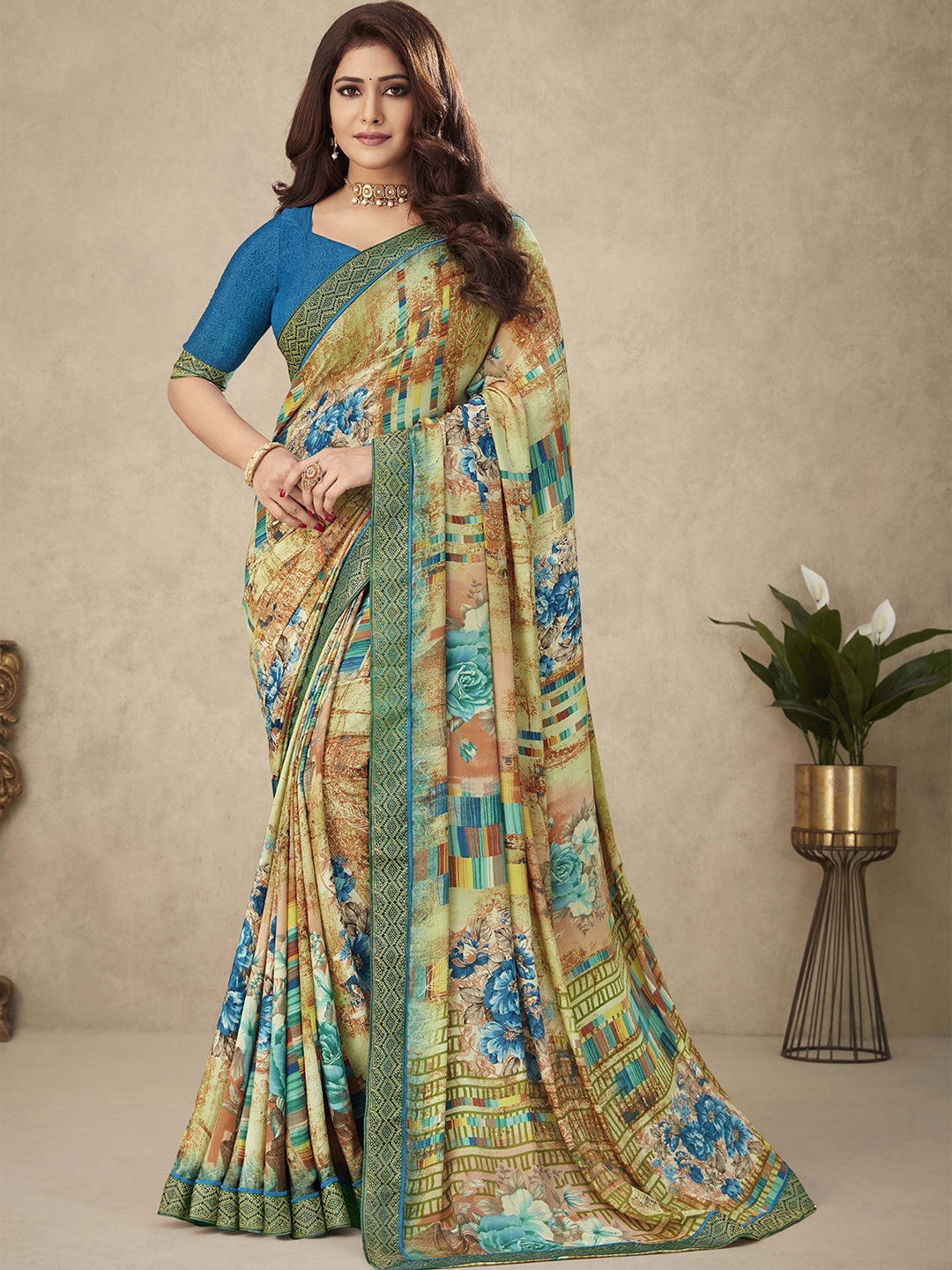 

Mitera Floral Printed Poly Crepe Saree, Blue