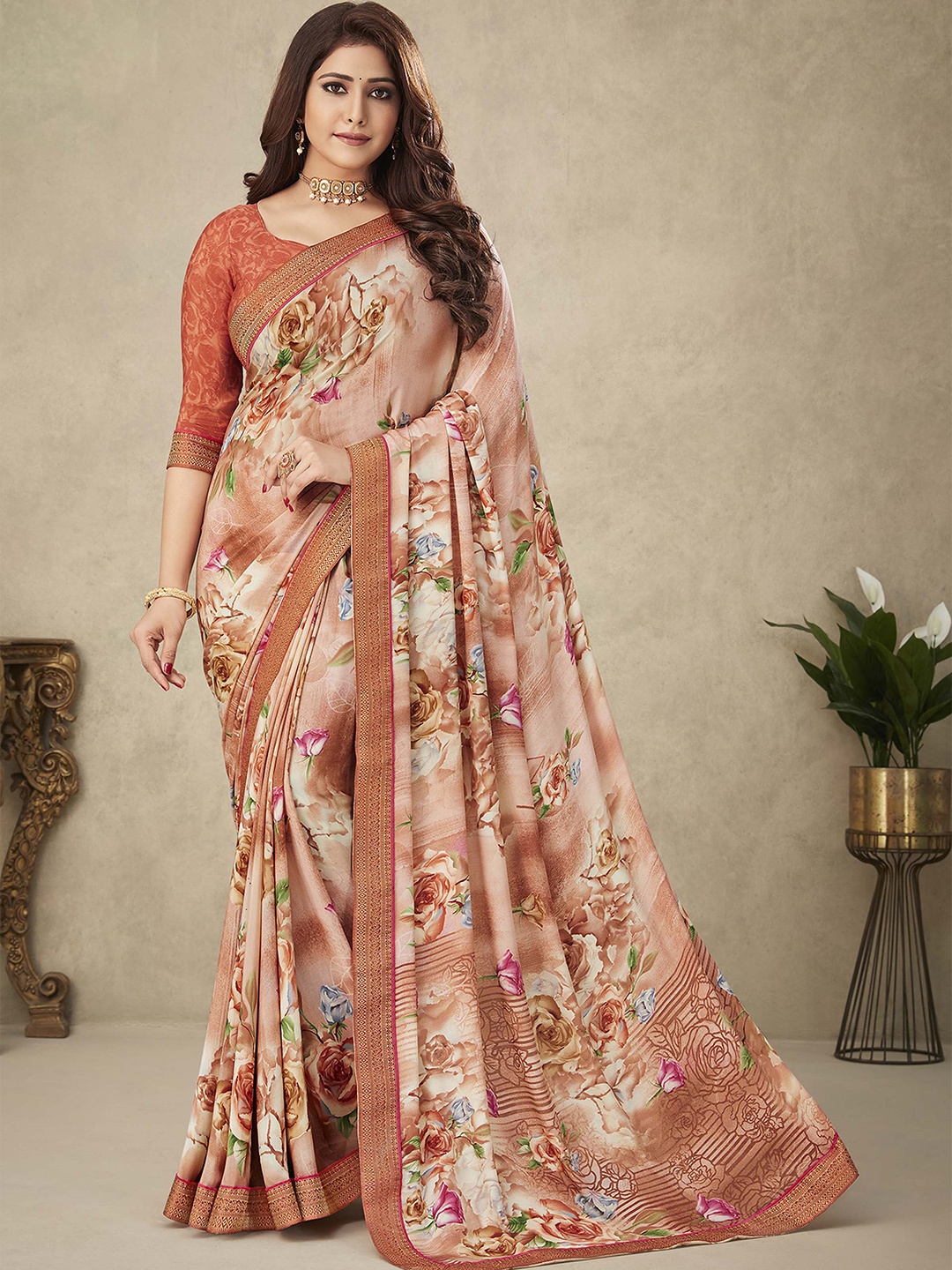 

Mitera Floral Printed Poly Crepe Saree, Brown