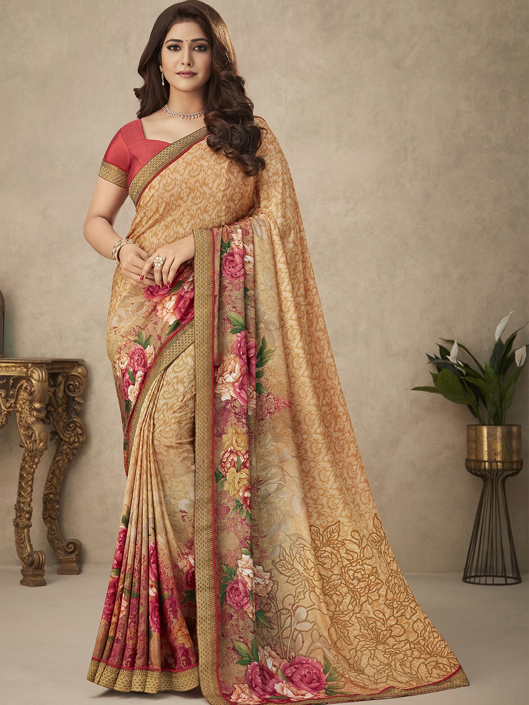 

Mitera Floral Printed Poly Crepe Saree, Beige