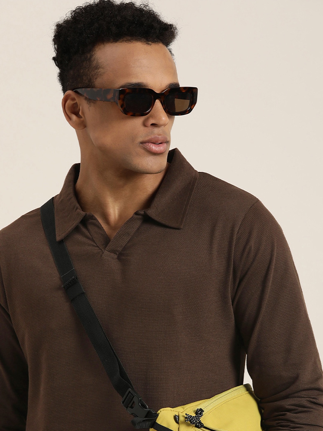 

DILLINGER Men Solid Honeycomb Structure Long Sleeve Cotton Polo T-Shirt, Brown