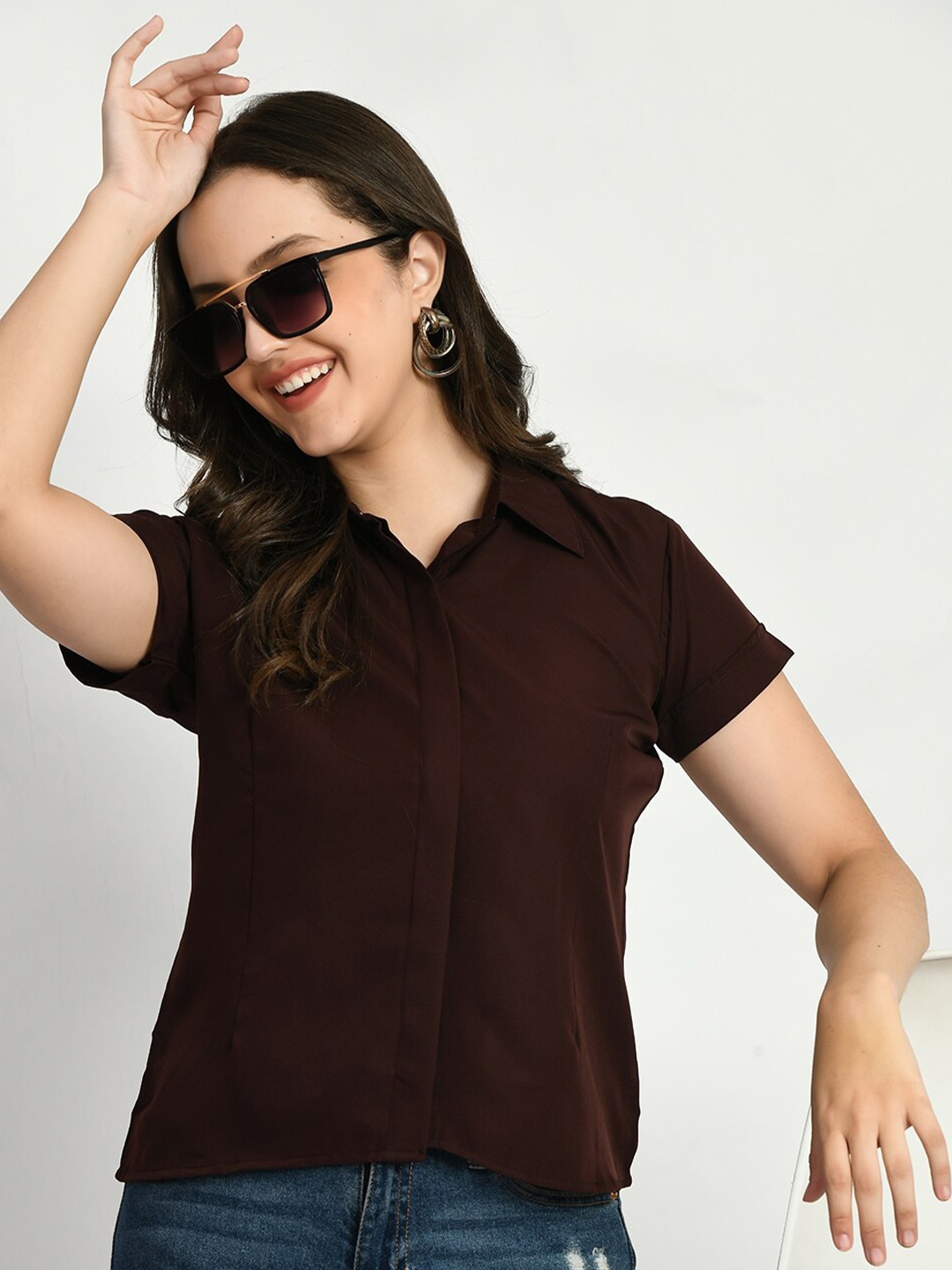 

KALINI Comfort Spread Collar Casual Shirt, Brown