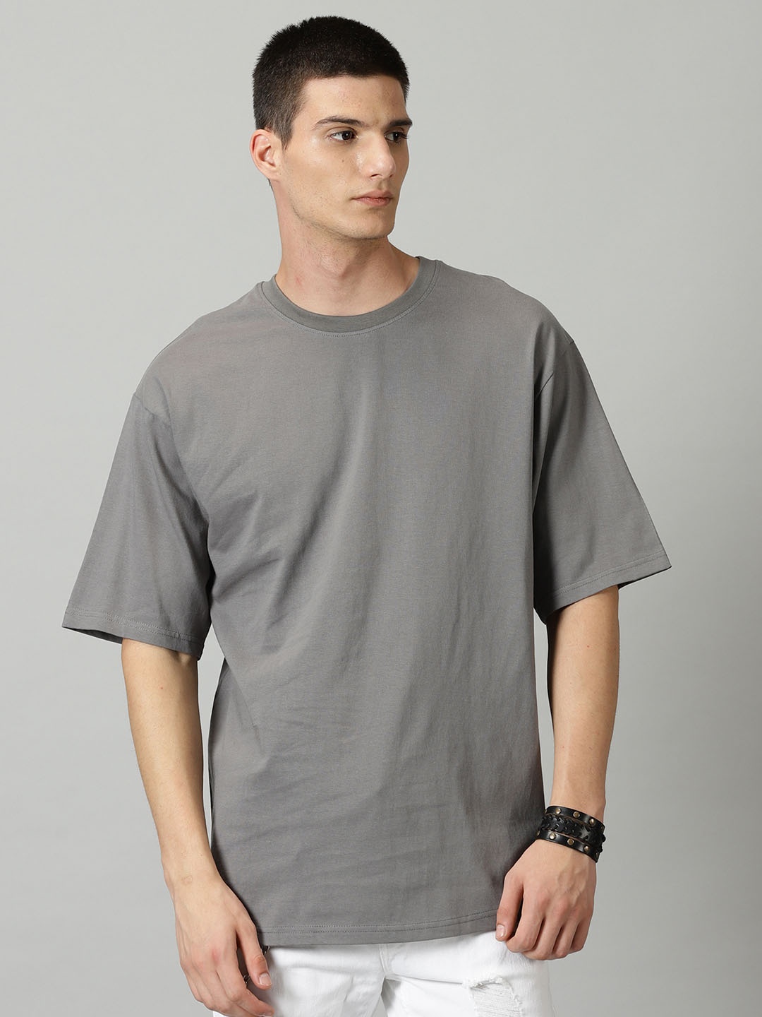 

THE HOLLANDER Drop-Shoulder Sleeves Pure Cotton Oversized T-Shirt, Grey