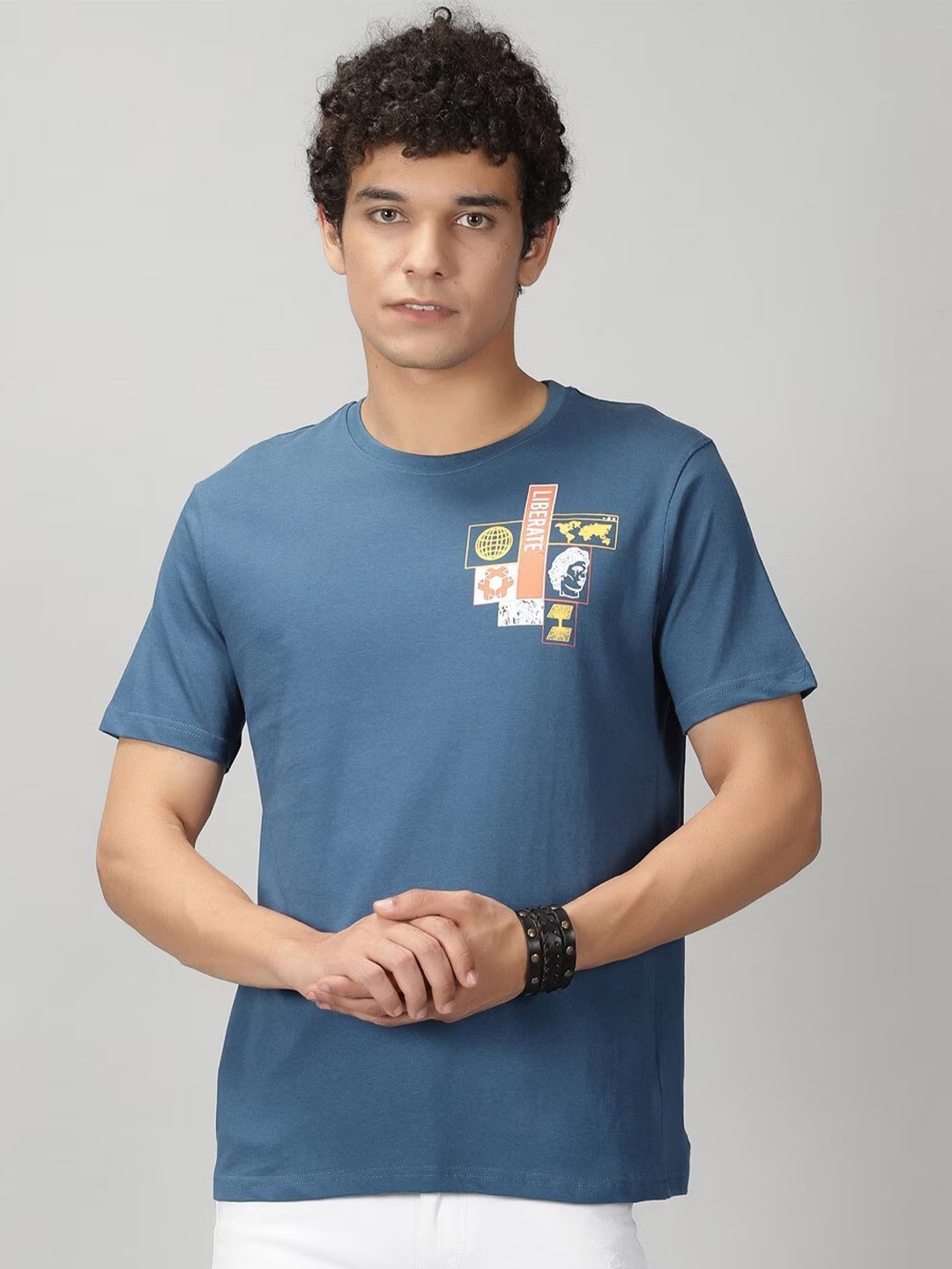 

THE HOLLANDER Graphic Printed Regular Fit Cotton T-shirt, Blue