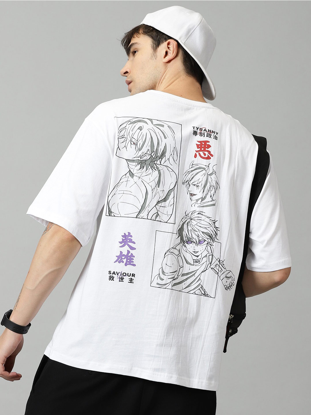 

THE HOLLANDER Graphic Anime Printed Drop-Shoulder Sleeves Oversized Fit Cotton T-Shirt, White