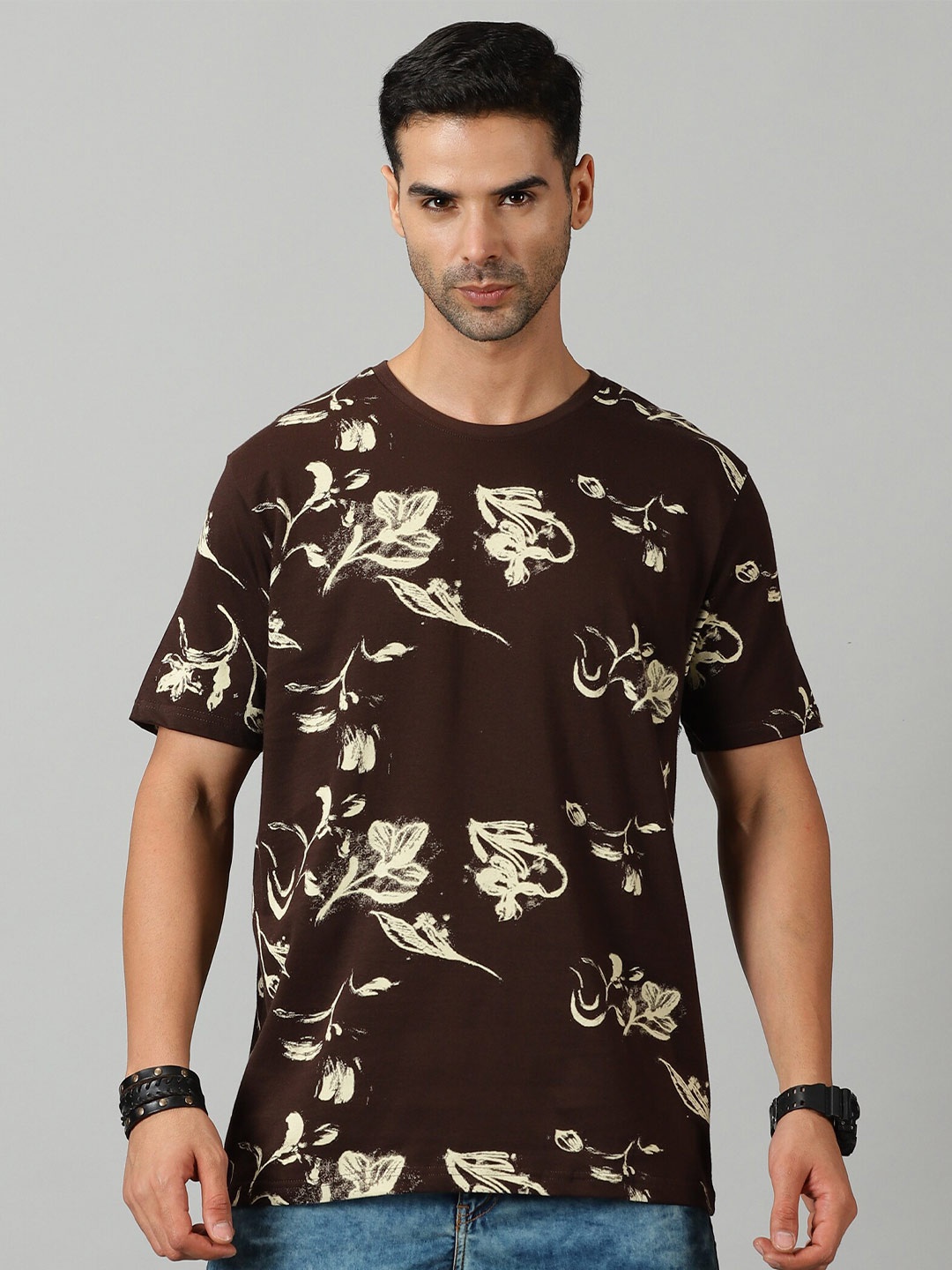 

THE HOLLANDER All Over Printed Regular Fit Cotton T-shirt, Brown