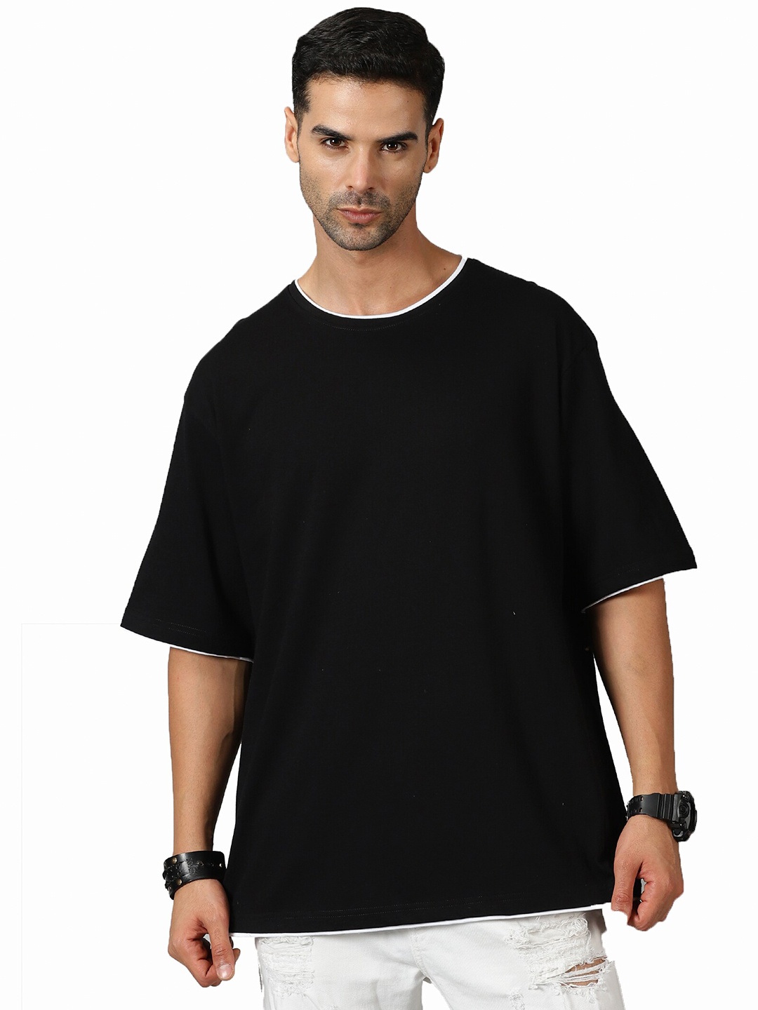 

THE HOLLANDER Drop Shoulder Pure Cotton Oversized T-Shirt, Black
