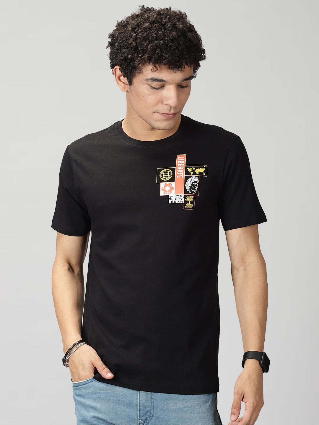 

THE HOLLANDER Graphic Printed Regular Fit Cotton T-shirt, Black