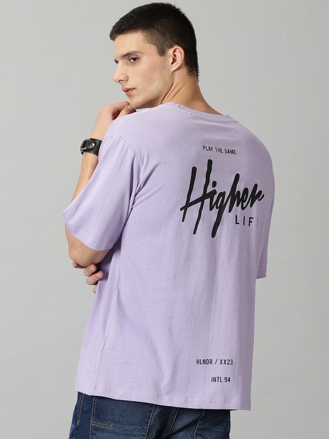 

THE HOLLANDER Typography Printed Drop-Shoulder Sleeves Oversized Fit Cotton T-shirt, Lavender