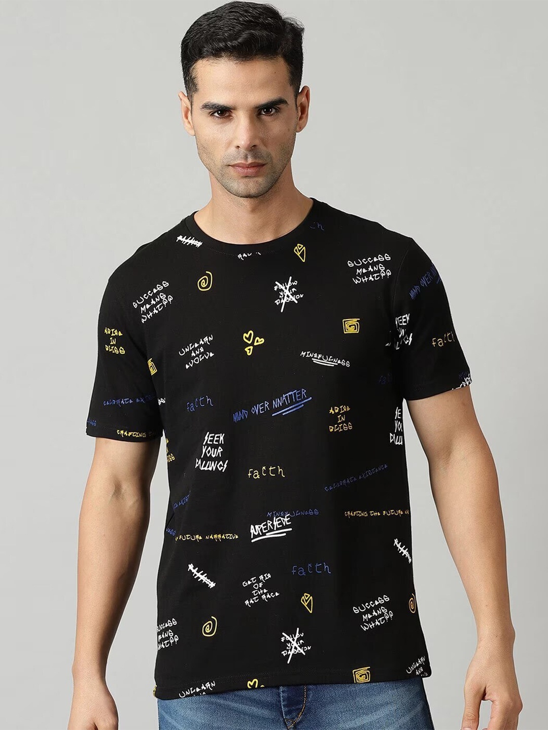 

THE HOLLANDER All Over Printed Regular Fit Cotton T-shirt, Black