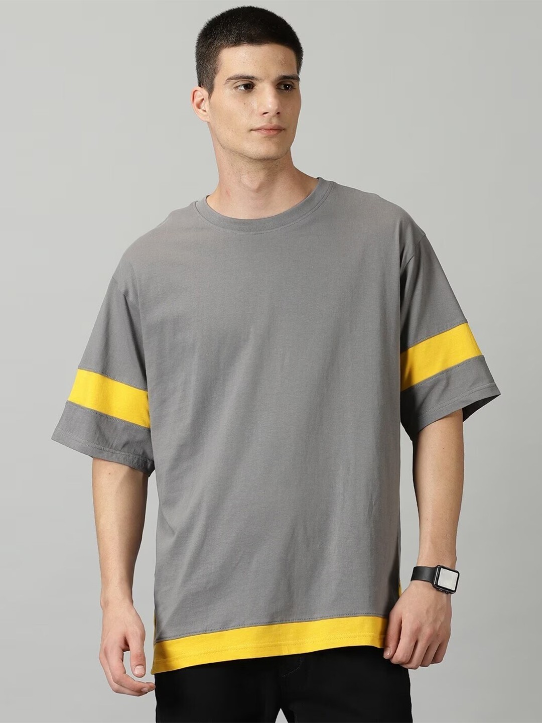 

THE HOLLANDER Striped Drop-Shoulder Sleeves Oversized Fit Pure Cotton T-shirt, Grey