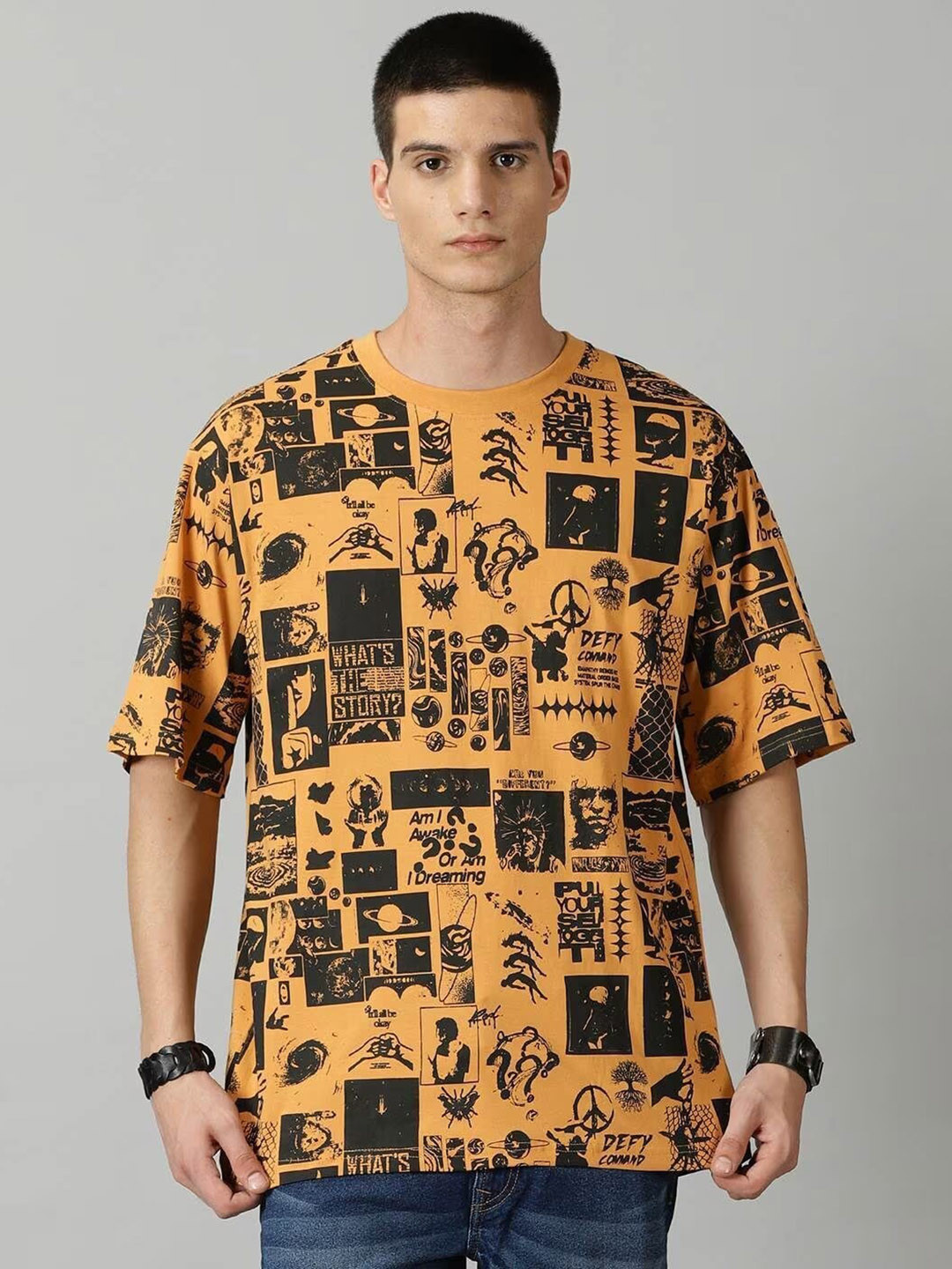 

THE HOLLANDER Graphic Printed Drop-Shoulder Sleeves Oversized Fit Pure Cotton T-shirt, Orange