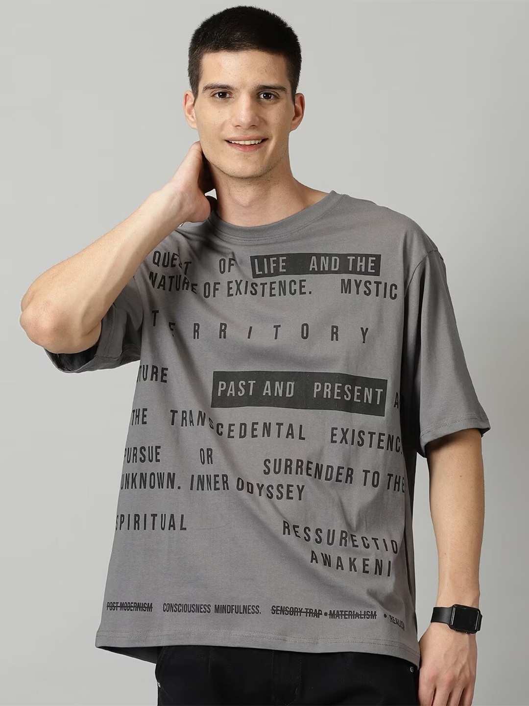 

THE HOLLANDER Typography Printed Oversized Fit Drop-Shoulder Pure Cotton T-shirt, Grey