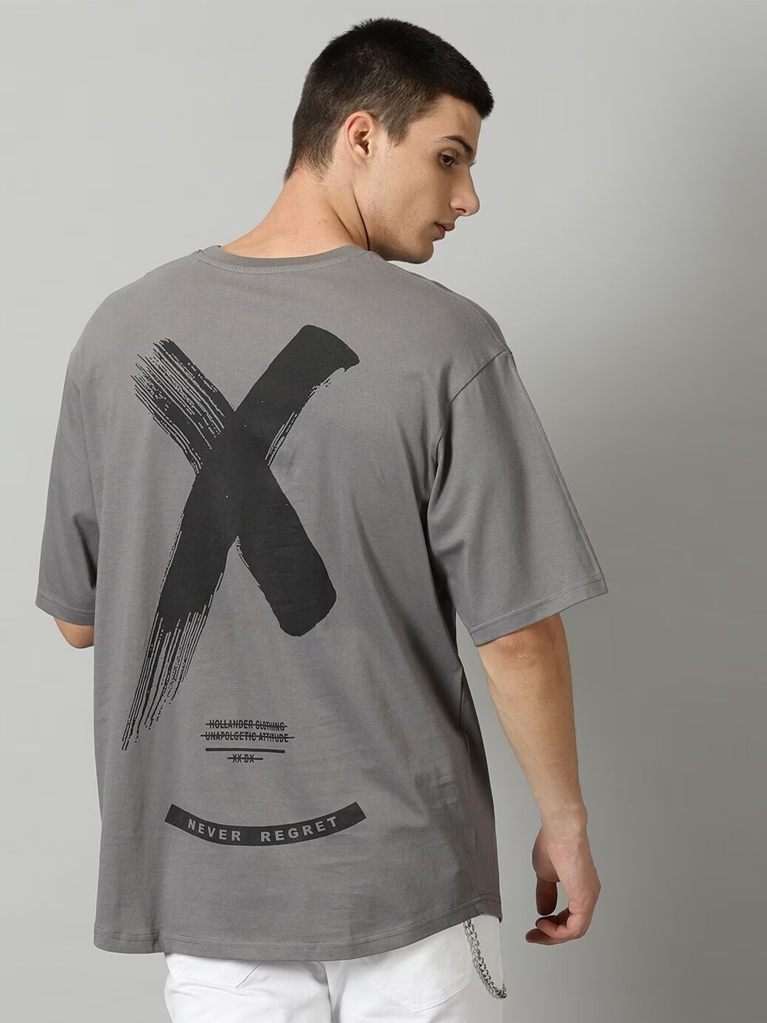 

THE HOLLANDER Graphic Printed Drop-Shoulder Sleeves Oversized Pure Cotton T-Shirt, Grey