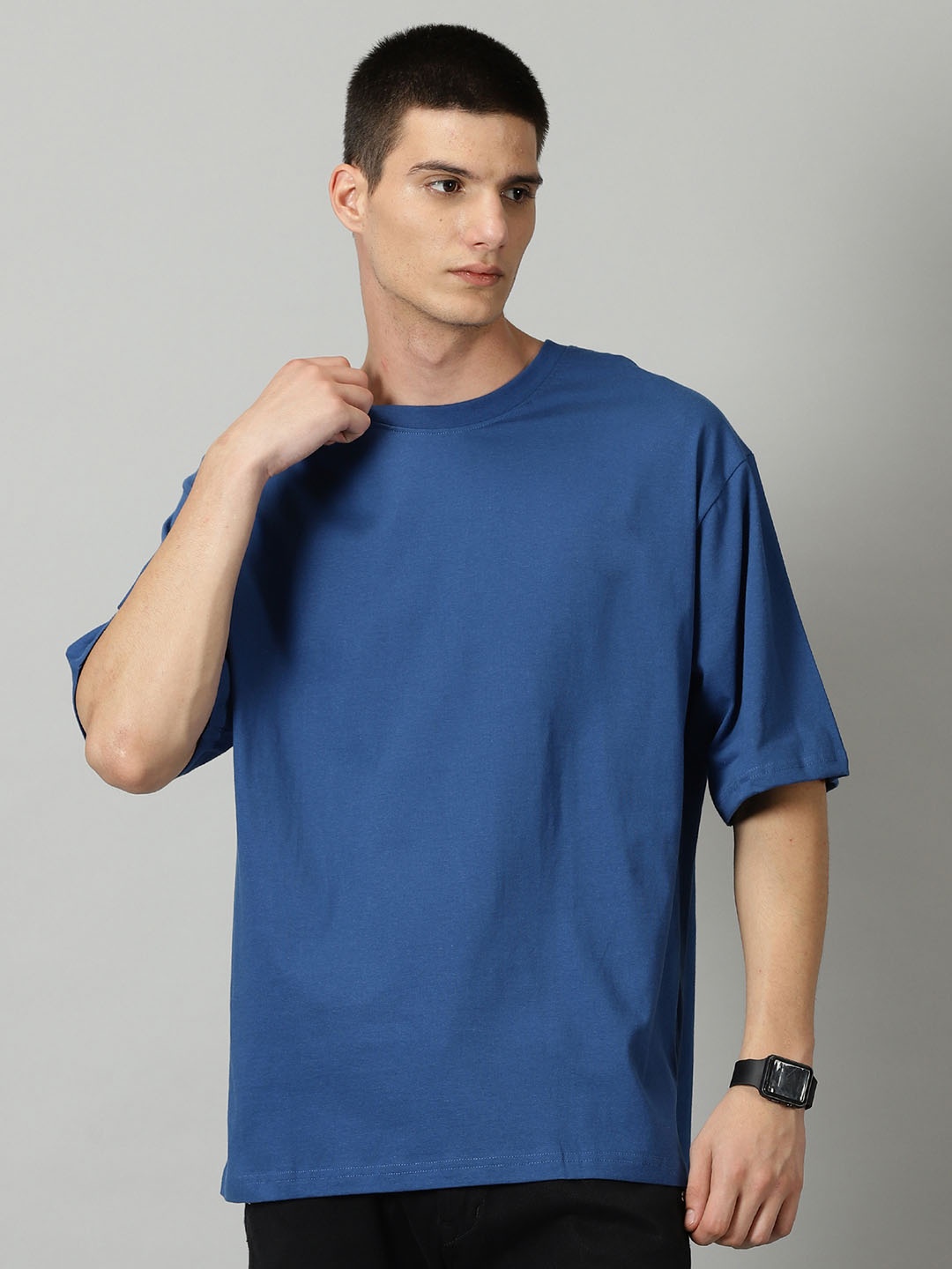 

THE HOLLANDER Cotton Solid Drop-Shoulder Sleeves Oversized Fit T-shirt, Blue