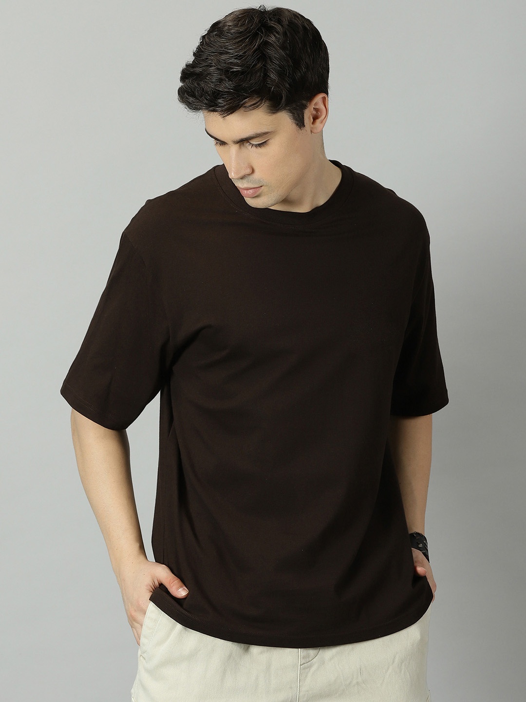 

THE HOLLANDER Drop Shoulder Sleeves Pure Oversized Cotton T-Shirt, Brown