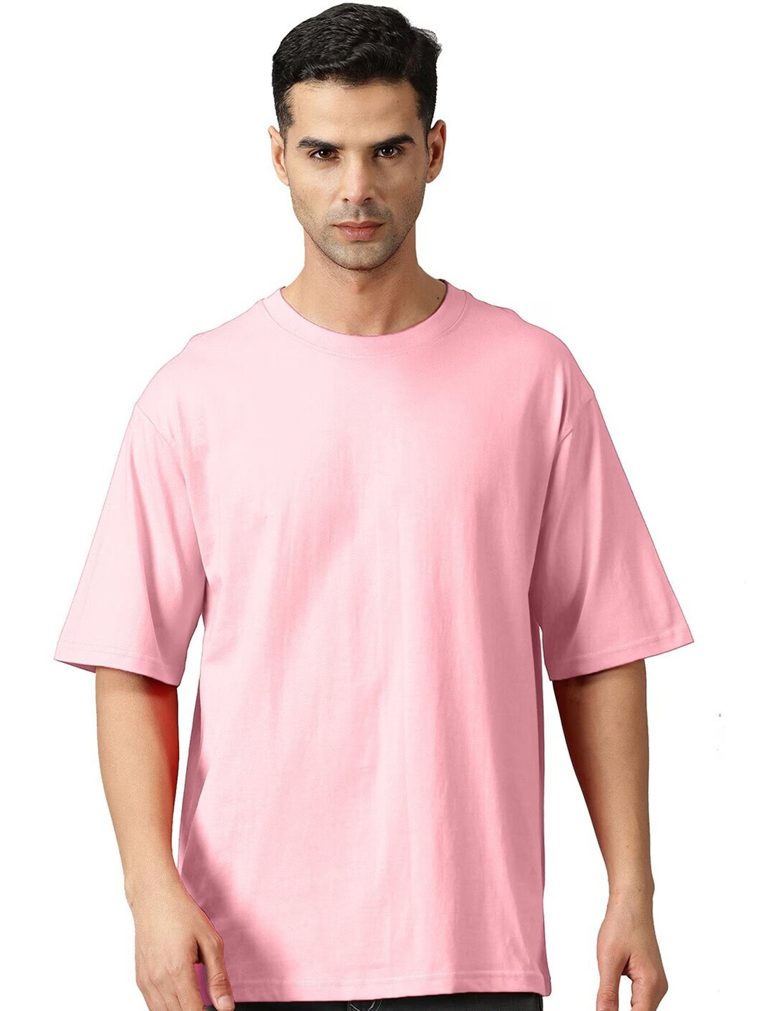 

THE HOLLANDER Drop-Shoulder Sleeves Oversized Pure Cotton Longline T-shirt, Pink