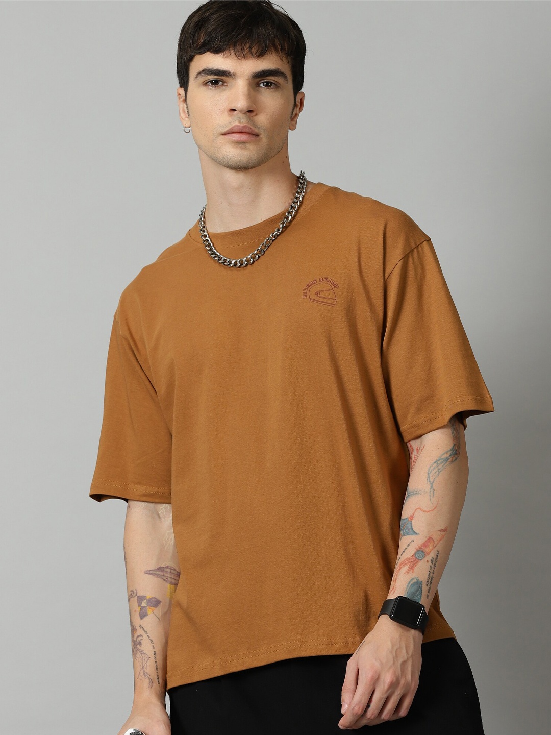 

THE HOLLANDER Pure Cotton Printed Drop-Shoulder Sleeves Oversized Fit T-shirt, Brown