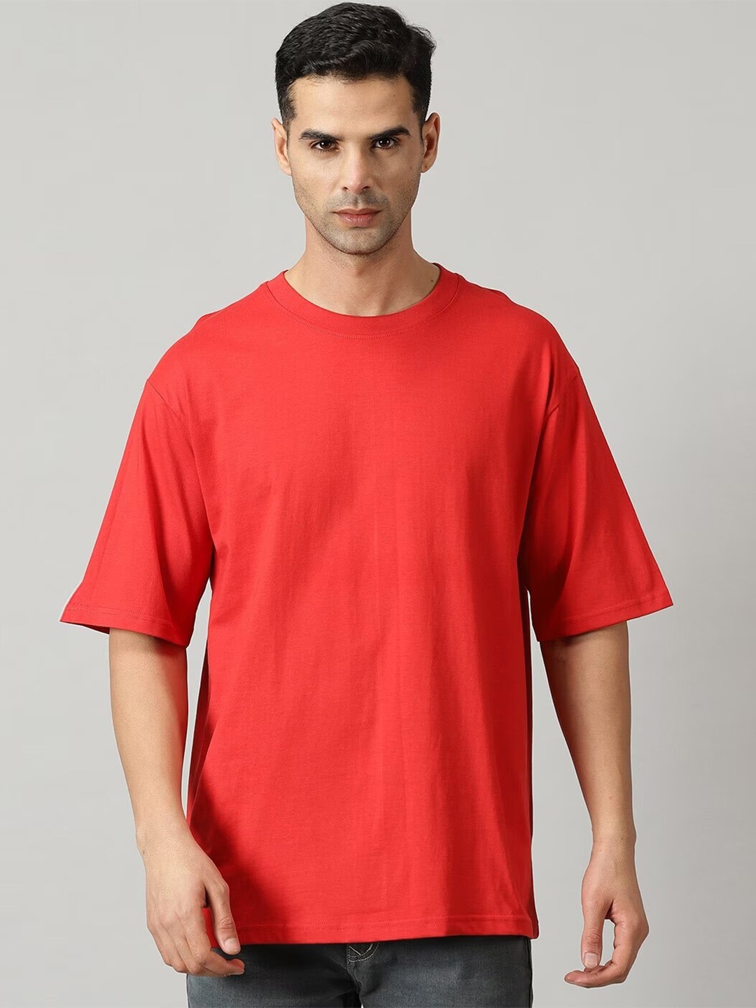 

THE HOLLANDER Drop-Shoulder Sleeves Oversized Fit Longline Pure Cotton T-shirt, Red