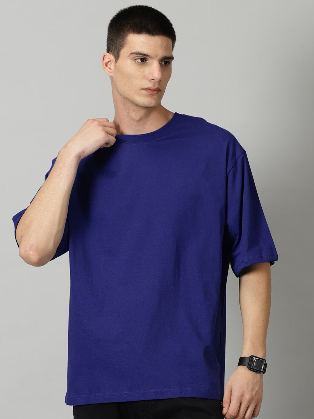 

THE HOLLANDER Oversized Fit Drop-Shoulder Pure Cotton T-shirt, Navy blue