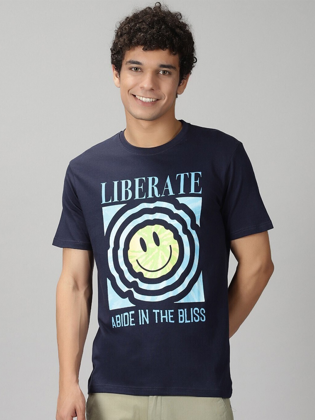 THE HOLLANDER Typography Printed Regular Fit Cotton T-shirt, Navy blue