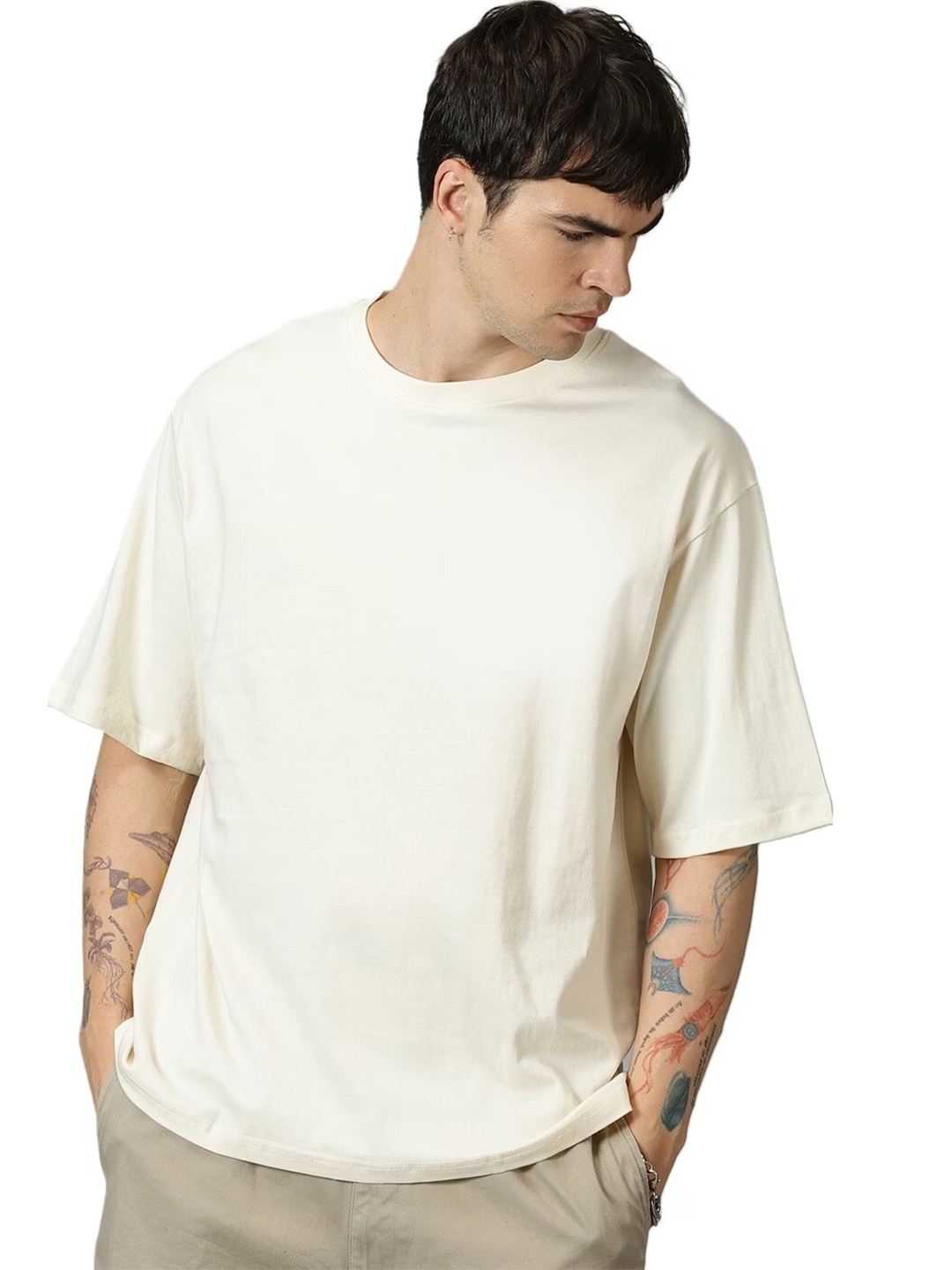 

THE HOLLANDER Oversized Fit Drop-Shoulder Pure Cotton Oversized T-shirt, Cream
