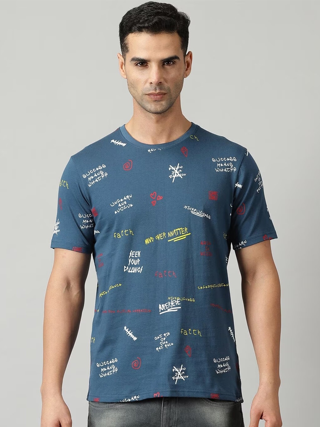 

THE HOLLANDER All Over Printed Regular Fit Cotton T-shirt, Blue