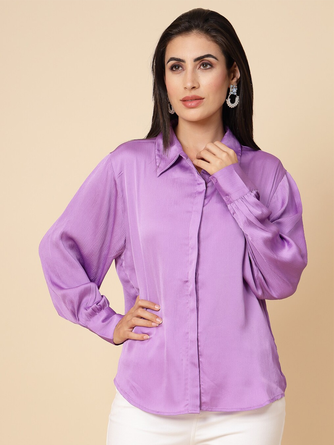 

Gipsy Bishop Sleeves Satin Casual Shirt, Lavender