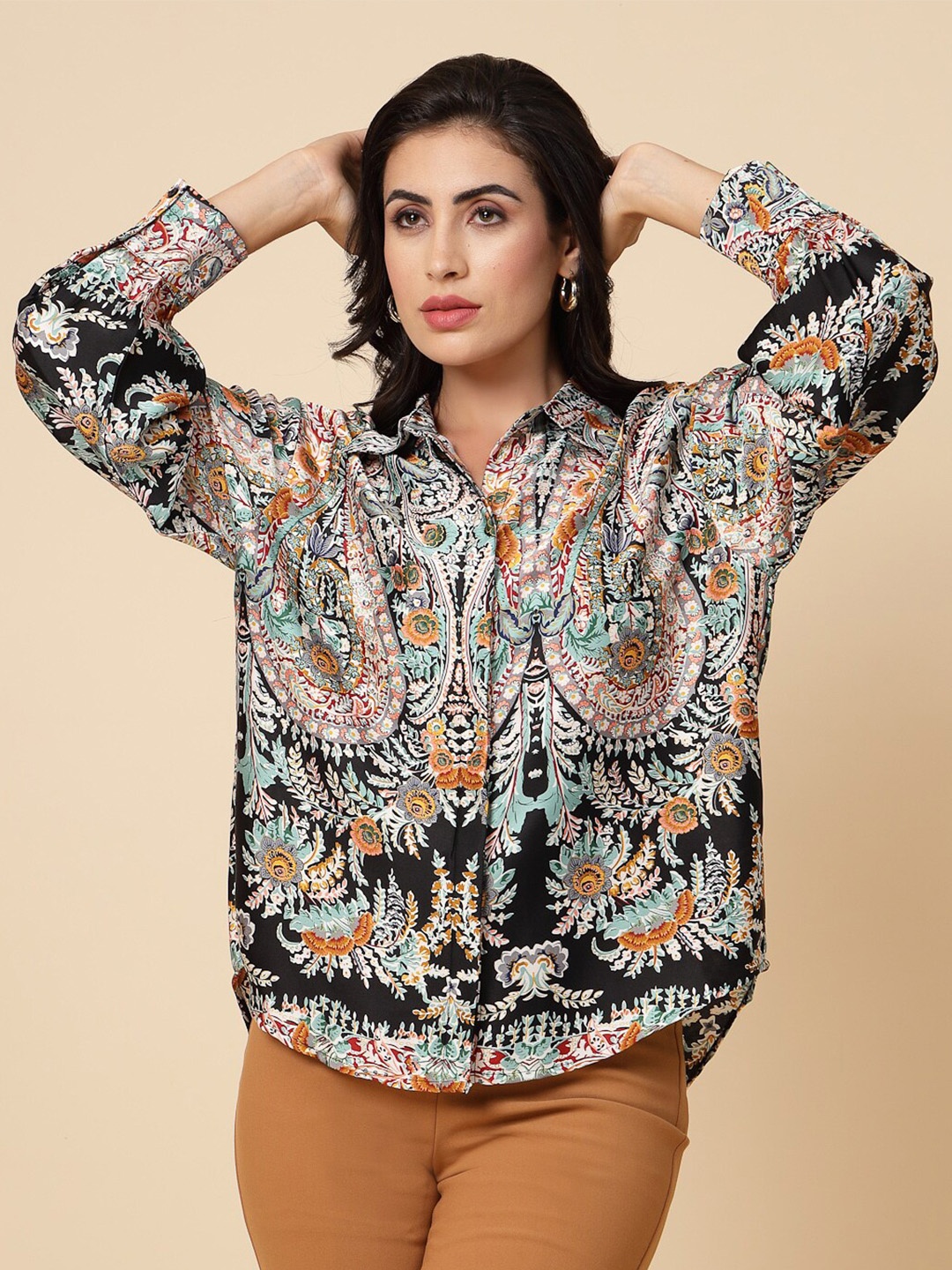 

Gipsy Ethnic Printed Satin Casual Shirt, Black