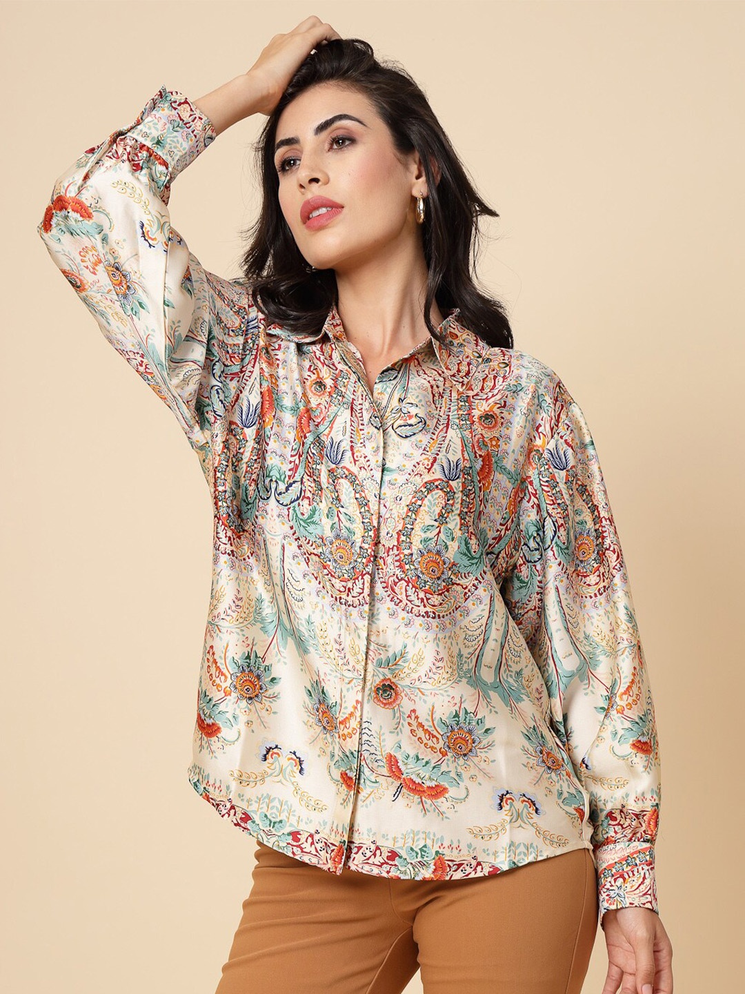 

Gipsy Ethnic Printed Satin Casual Shirt, Cream