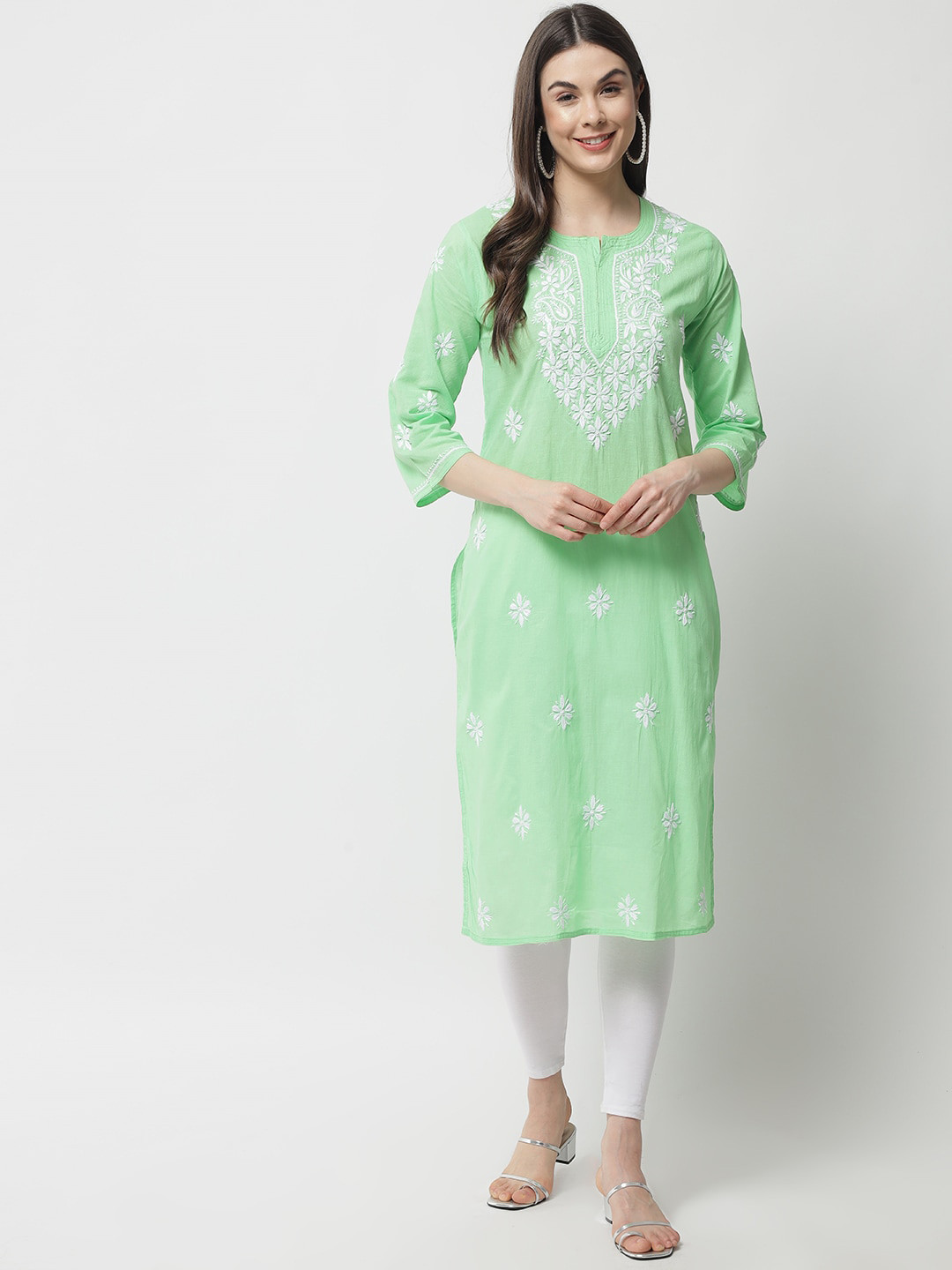 

Ethnava Ethnic Motifs Embroidered Chikankari Straight Kurta, Green