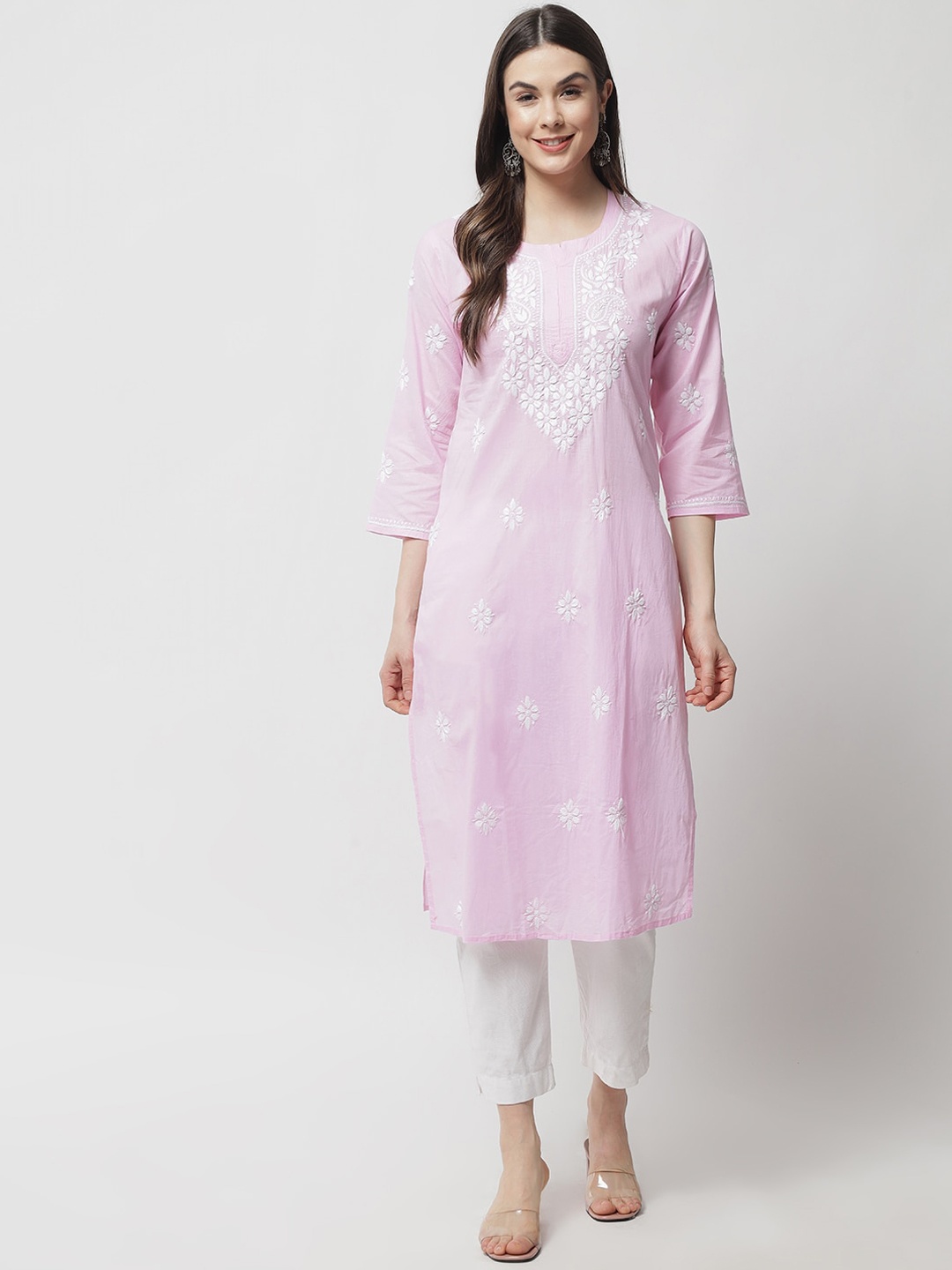 

Ethnava Ethnic Motifs Embroidered Chikankari Straight Kurta, Pink
