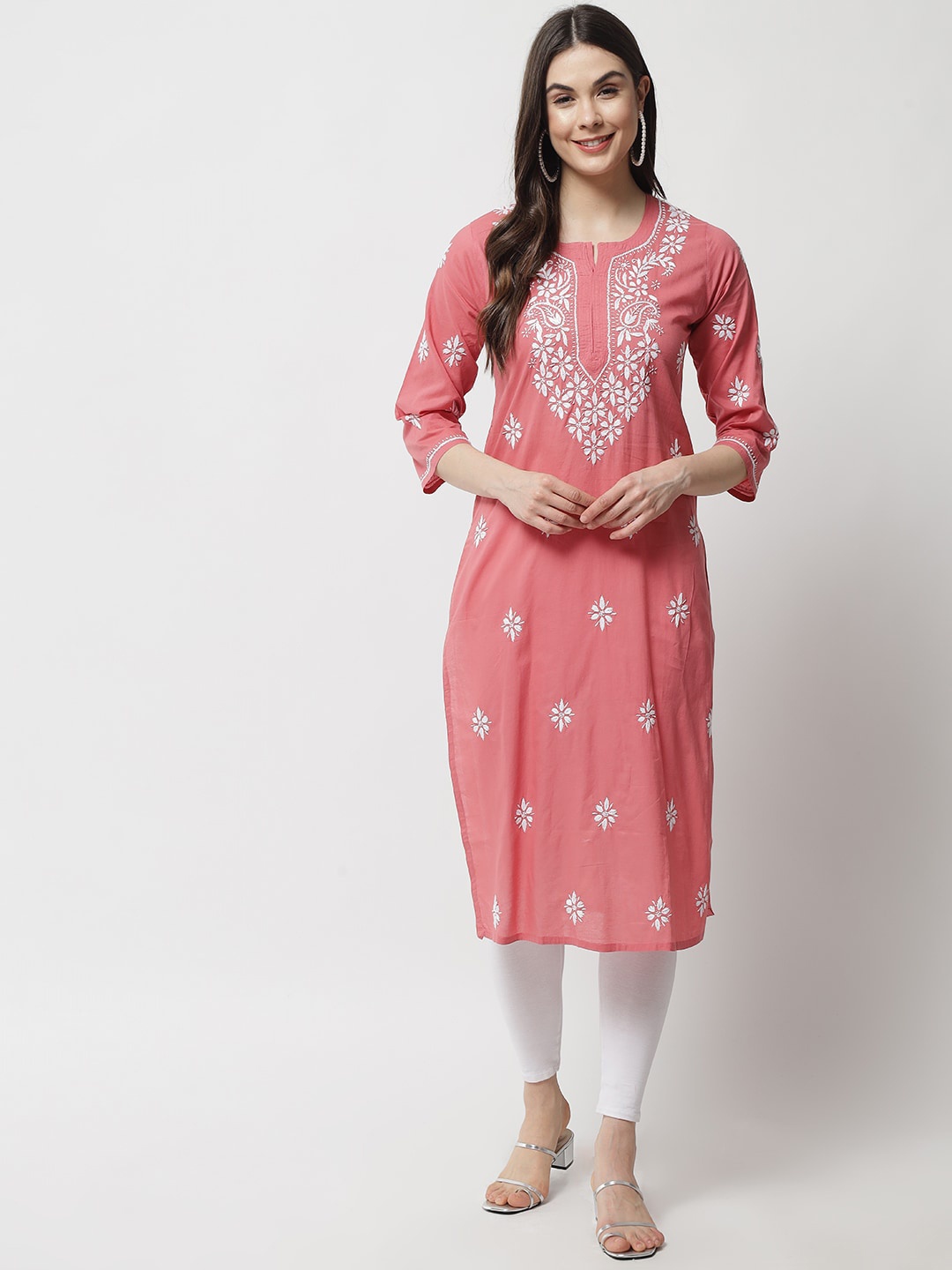 

Ethnava Ethnic Motifs Embroidered Chikankari Straight Kurta, Pink